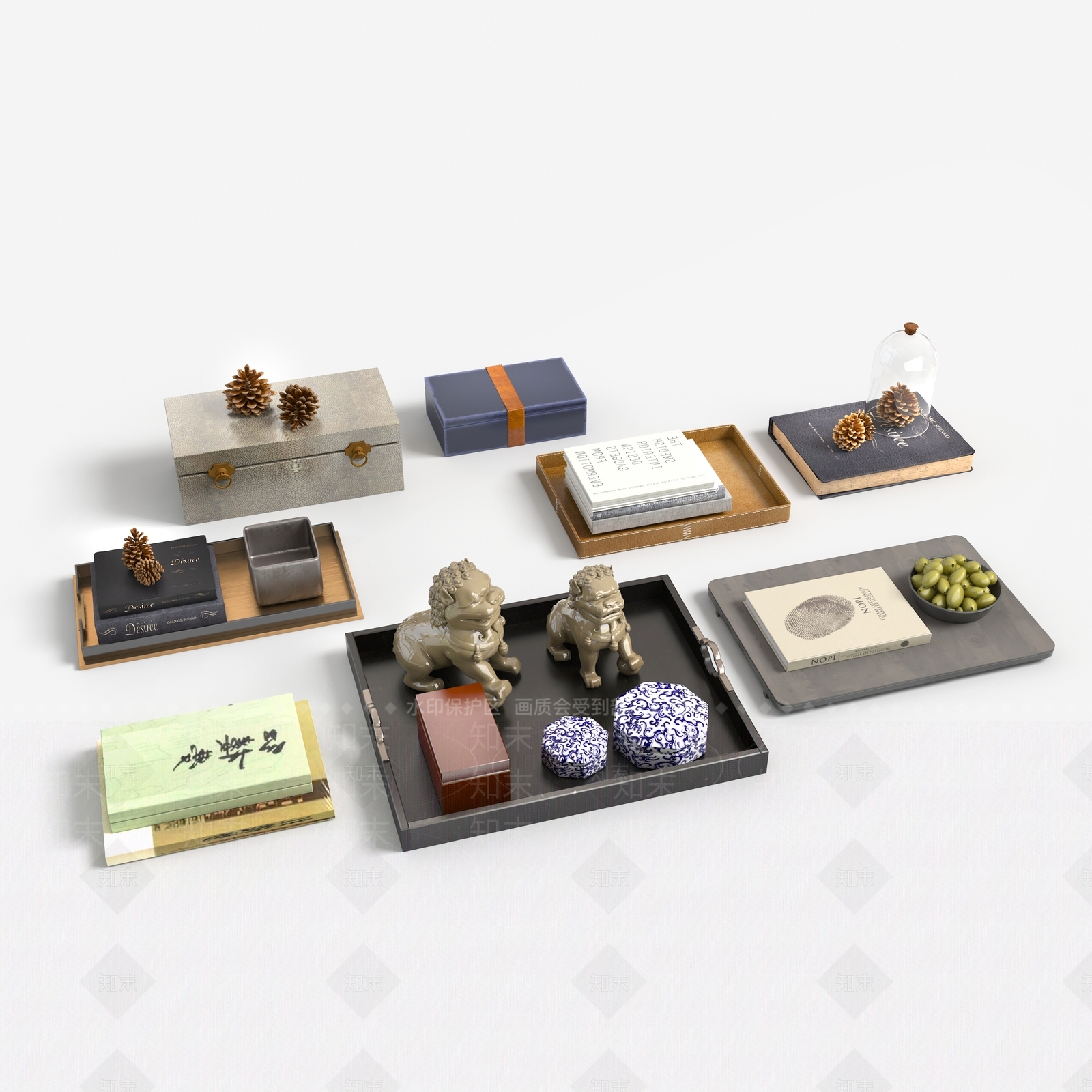 新中式托盘摆件装饰品组合SU模型下载【ID:1157742191】