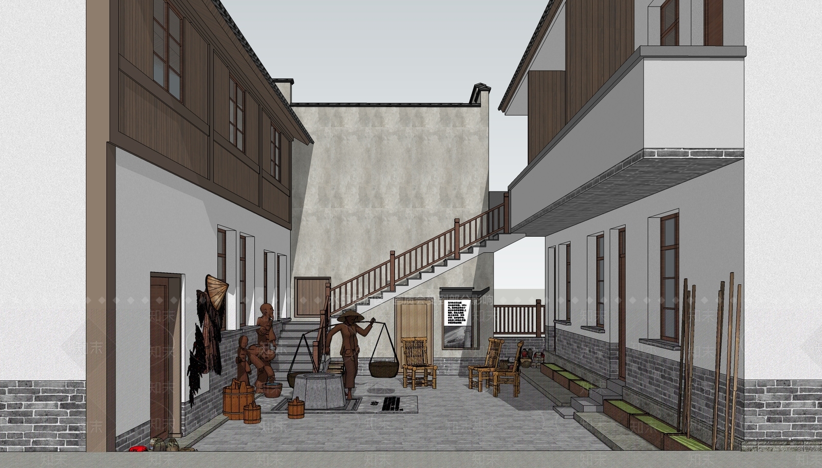 中式古镇乡村巷弄古井景观小品SU模型下载【ID:1157743798】