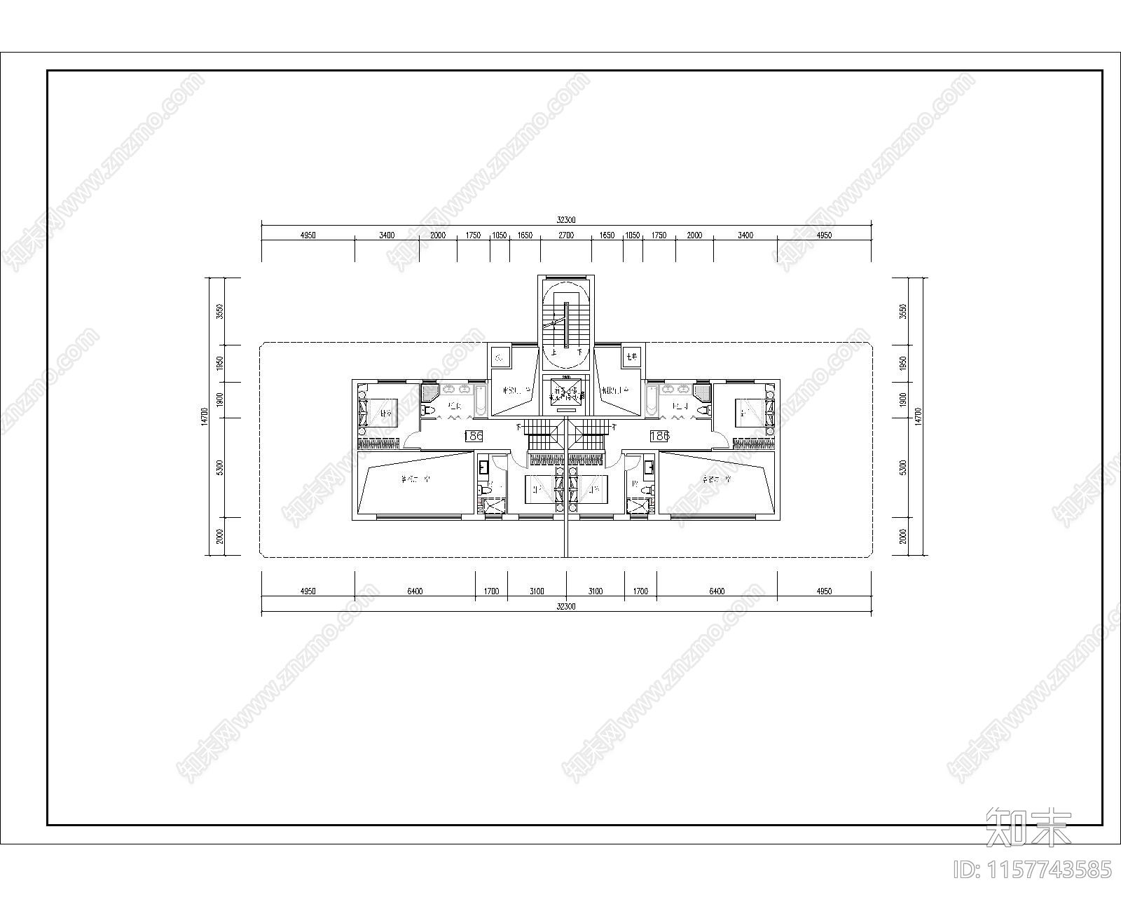 第四代住宅户型平面cad施工图下载【ID:1157743585】