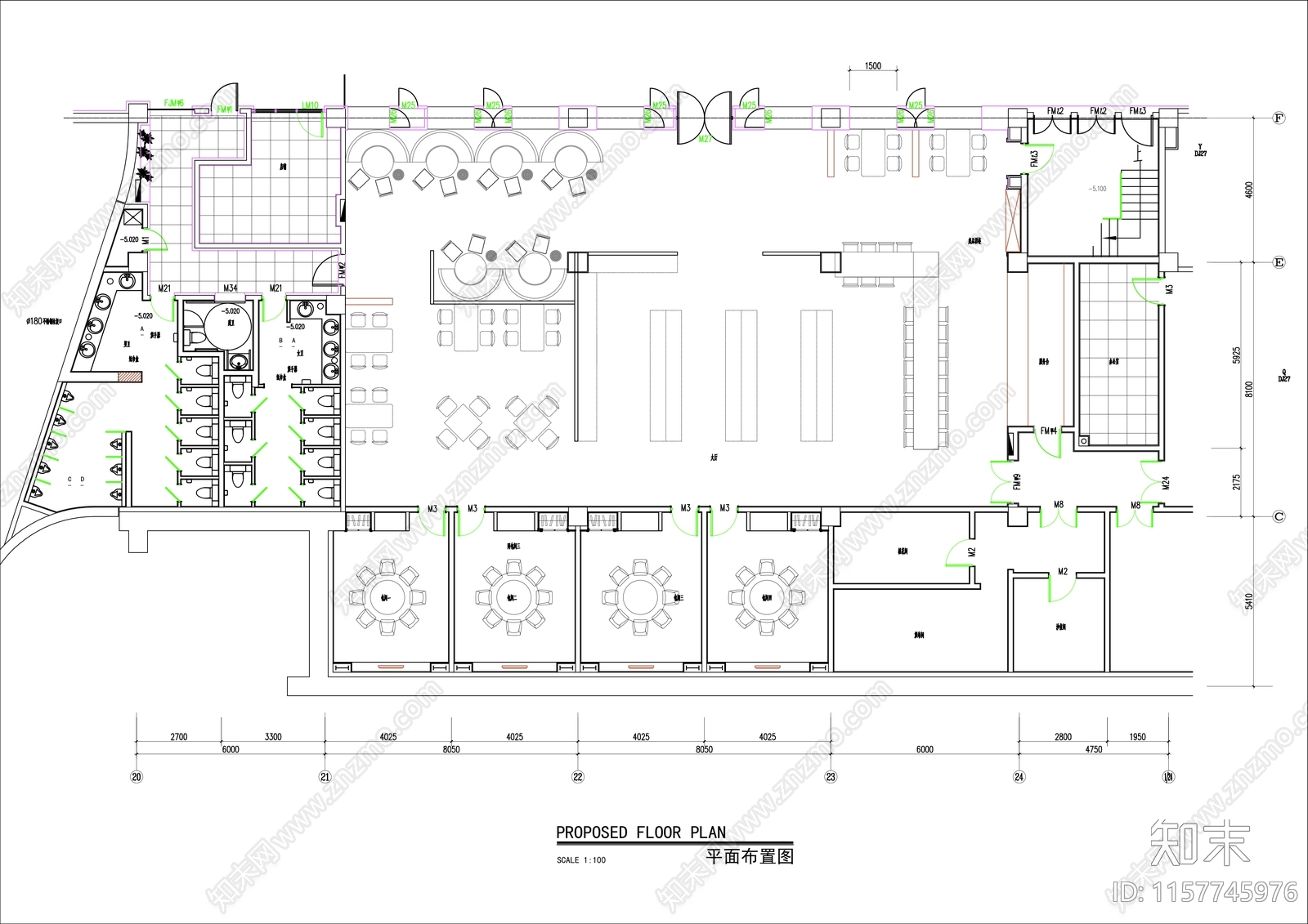 500㎡自助餐厅平面布置图cad施工图下载【ID:1157745976】