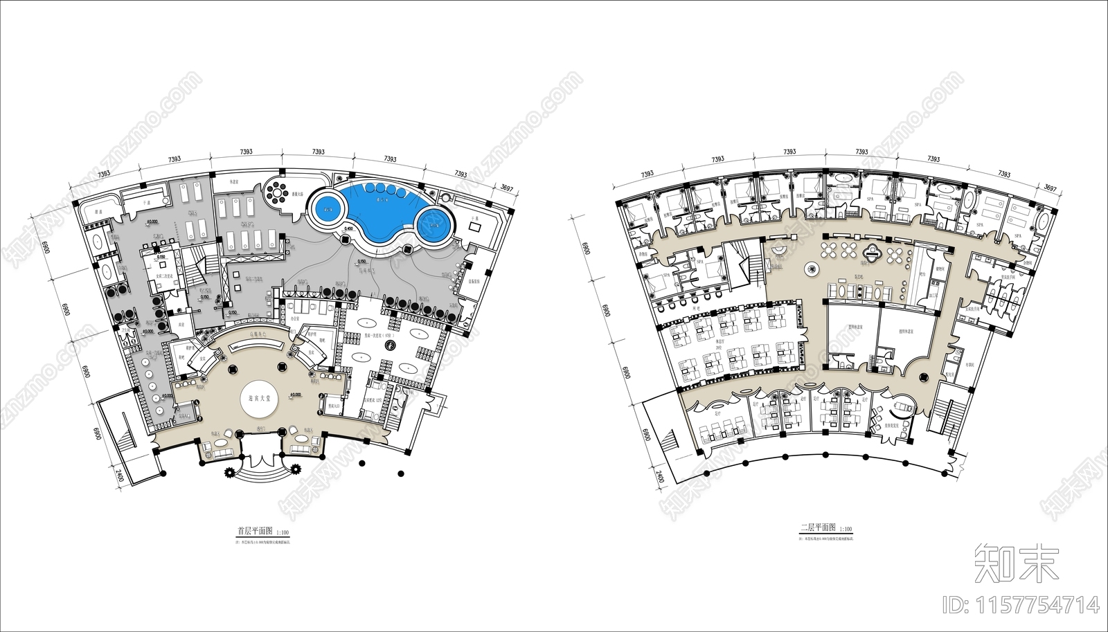 2000㎡两层桑拿洗浴中心平面布置图施工图下载【ID:1157754714】