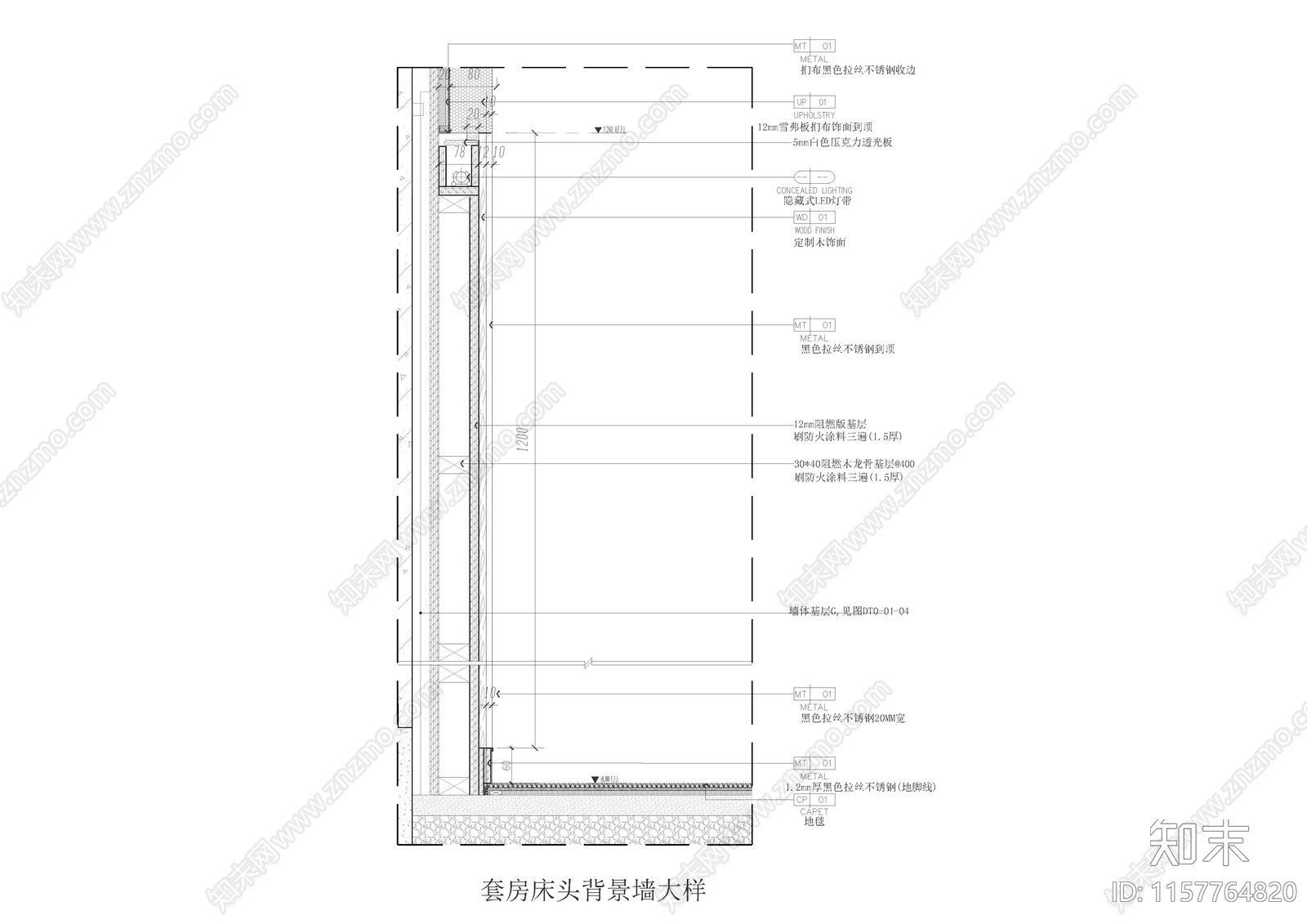 套房床头靠背背景墙大样cad施工图下载【ID:1157764820】