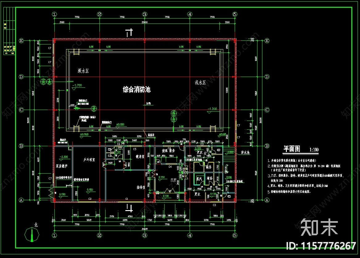 游泳馆游泳池建筑cad施工图下载【ID:1157776267】