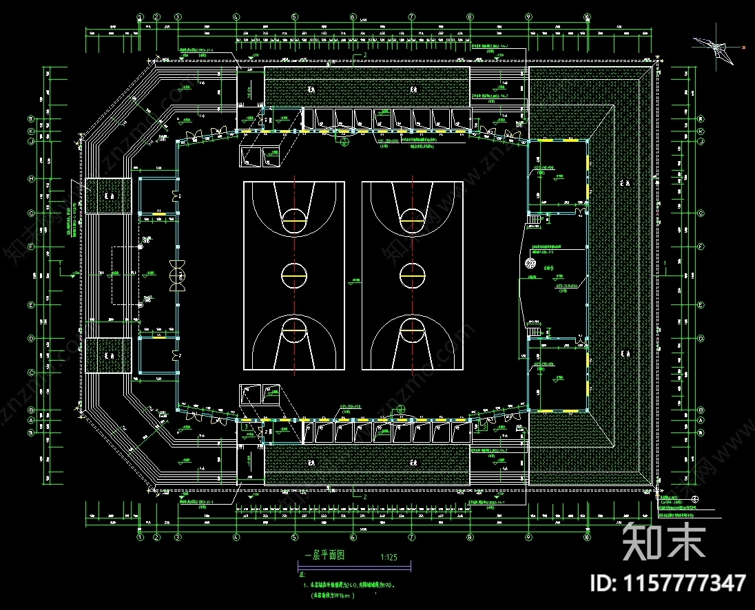3860平米2层篮球体育馆建cad施工图下载【ID:1157777347】