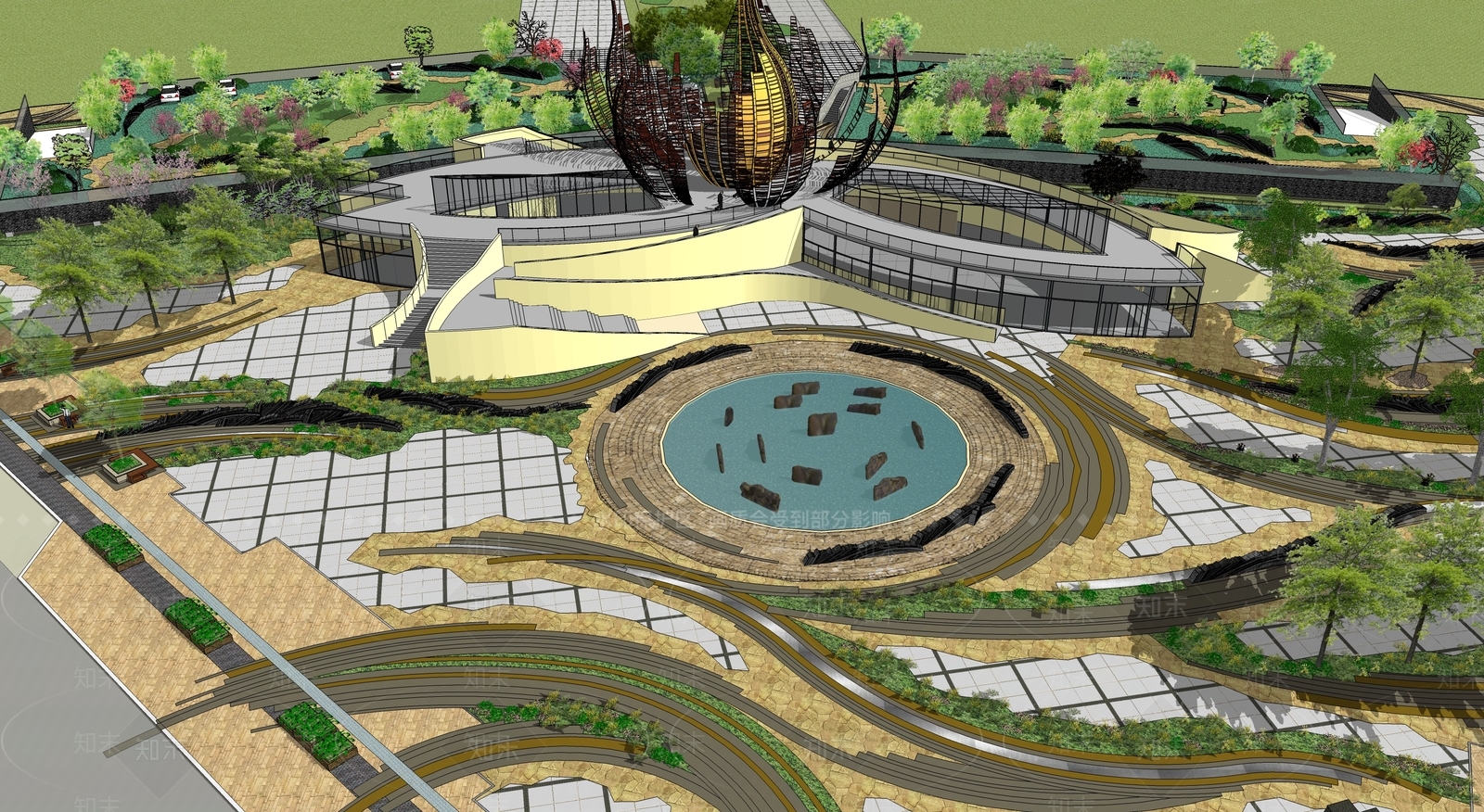 现代莲华佛教景区入口公园SU模型下载【ID:1157789082】