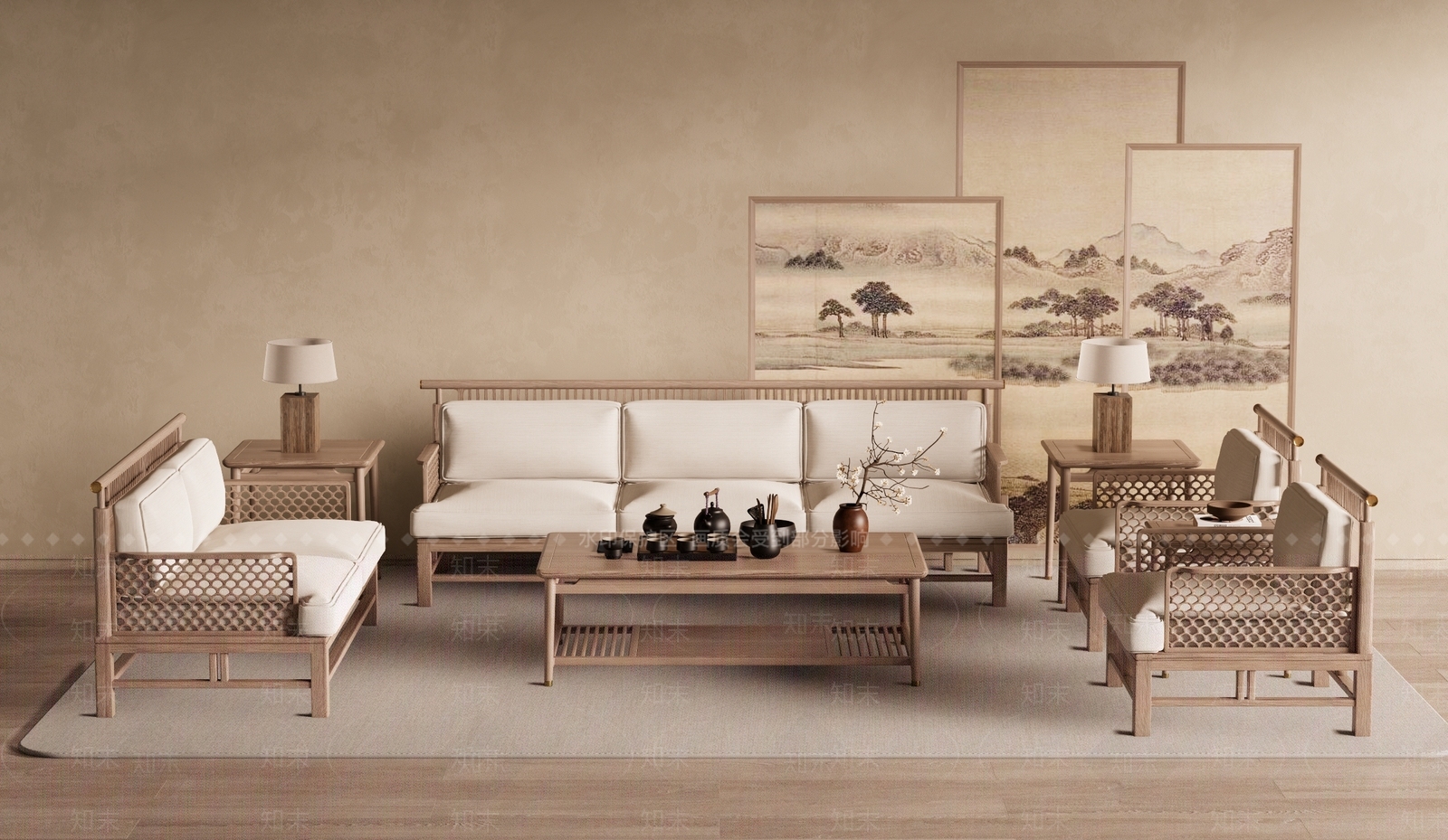 侘寂新中式沙发茶几3D模型下载【ID:1157793679】