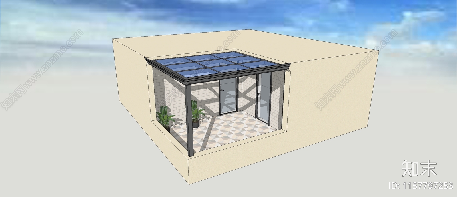 现代钢结构玻璃顶雨棚SU模型下载【ID:1157797253】