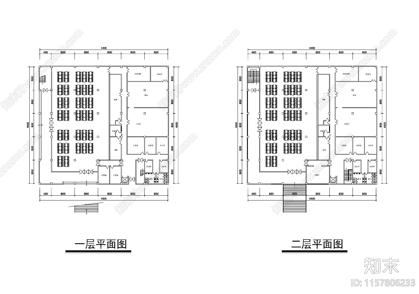 学校二层食堂平面图cad施工图下载【ID:1157806233】