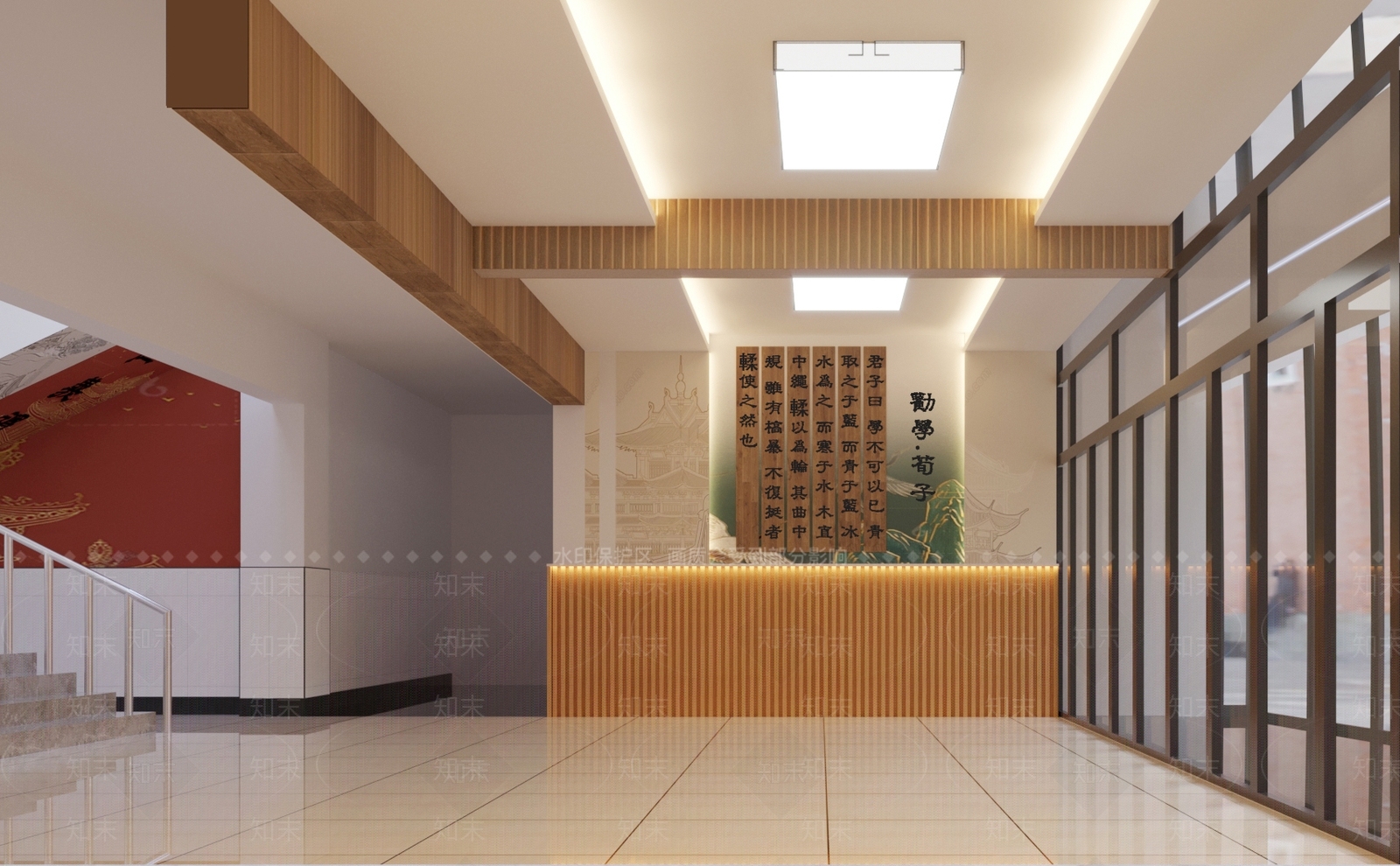 学校教学楼入口大厅新中式工装3D模型下载【ID:1157820643】