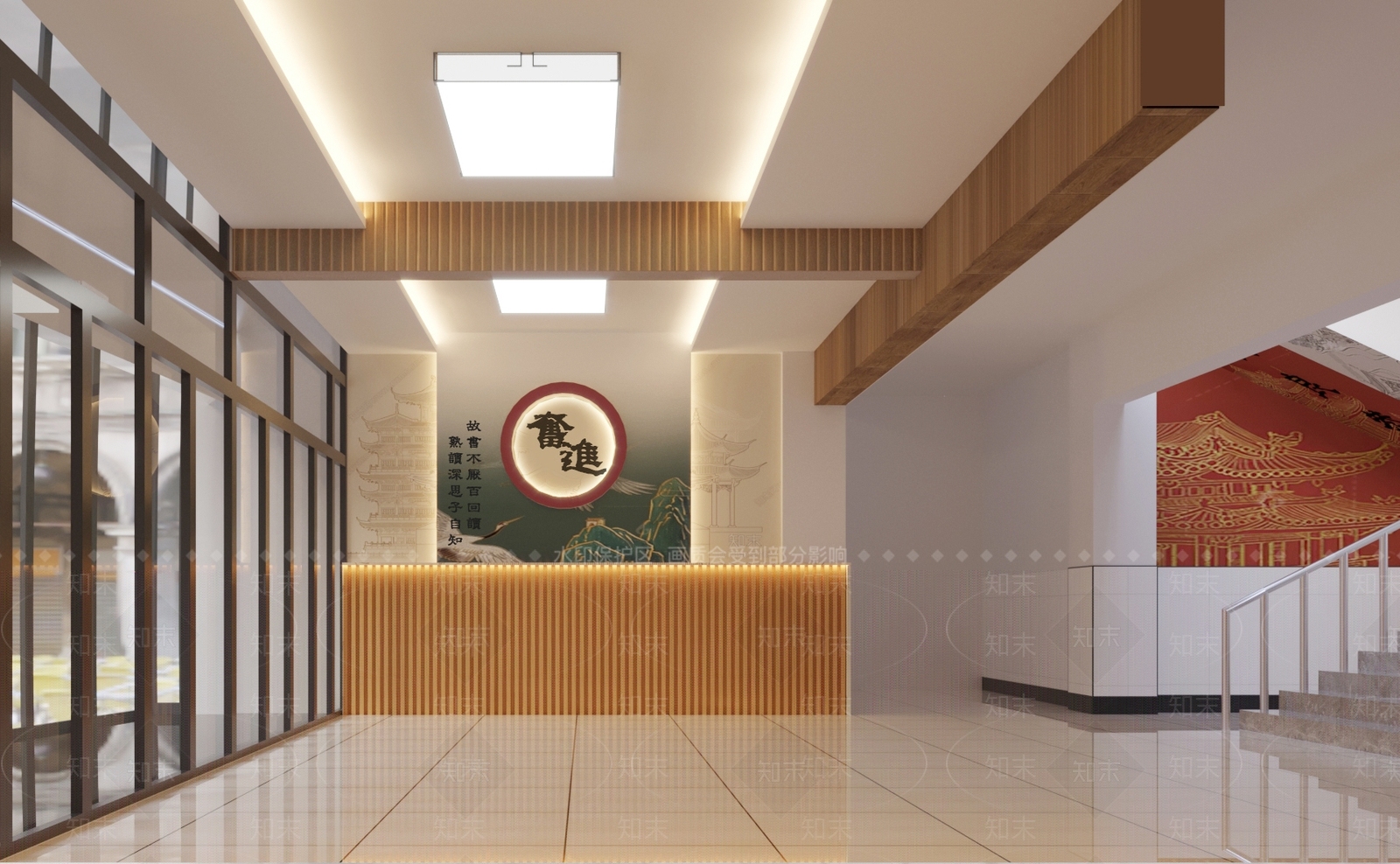 学校教学楼入口大厅新中式工装3D模型下载【ID:1157820643】