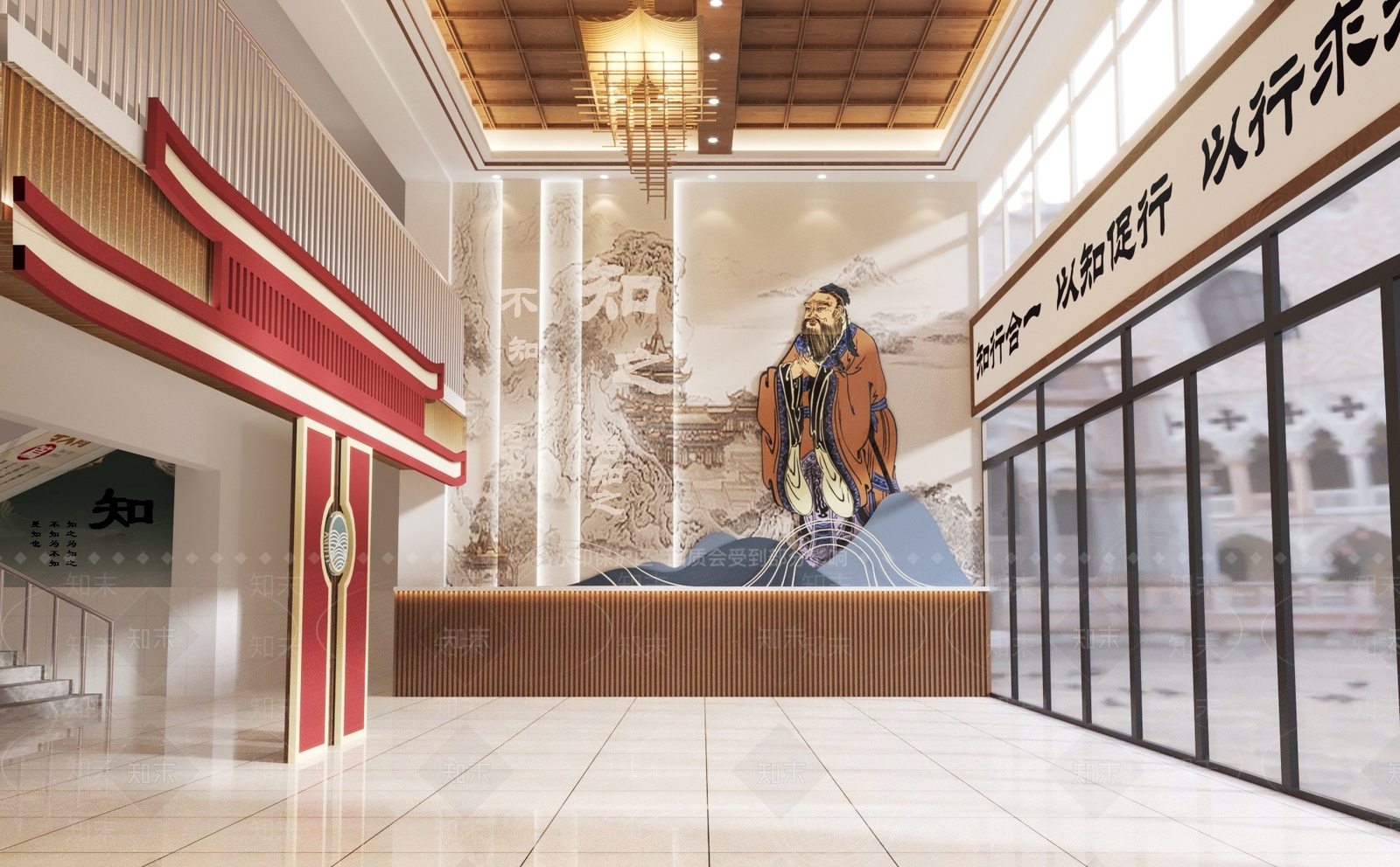 学校教学楼入口大厅新中式鲤鱼跃龙门工装3D模型下载【ID:1157820534】