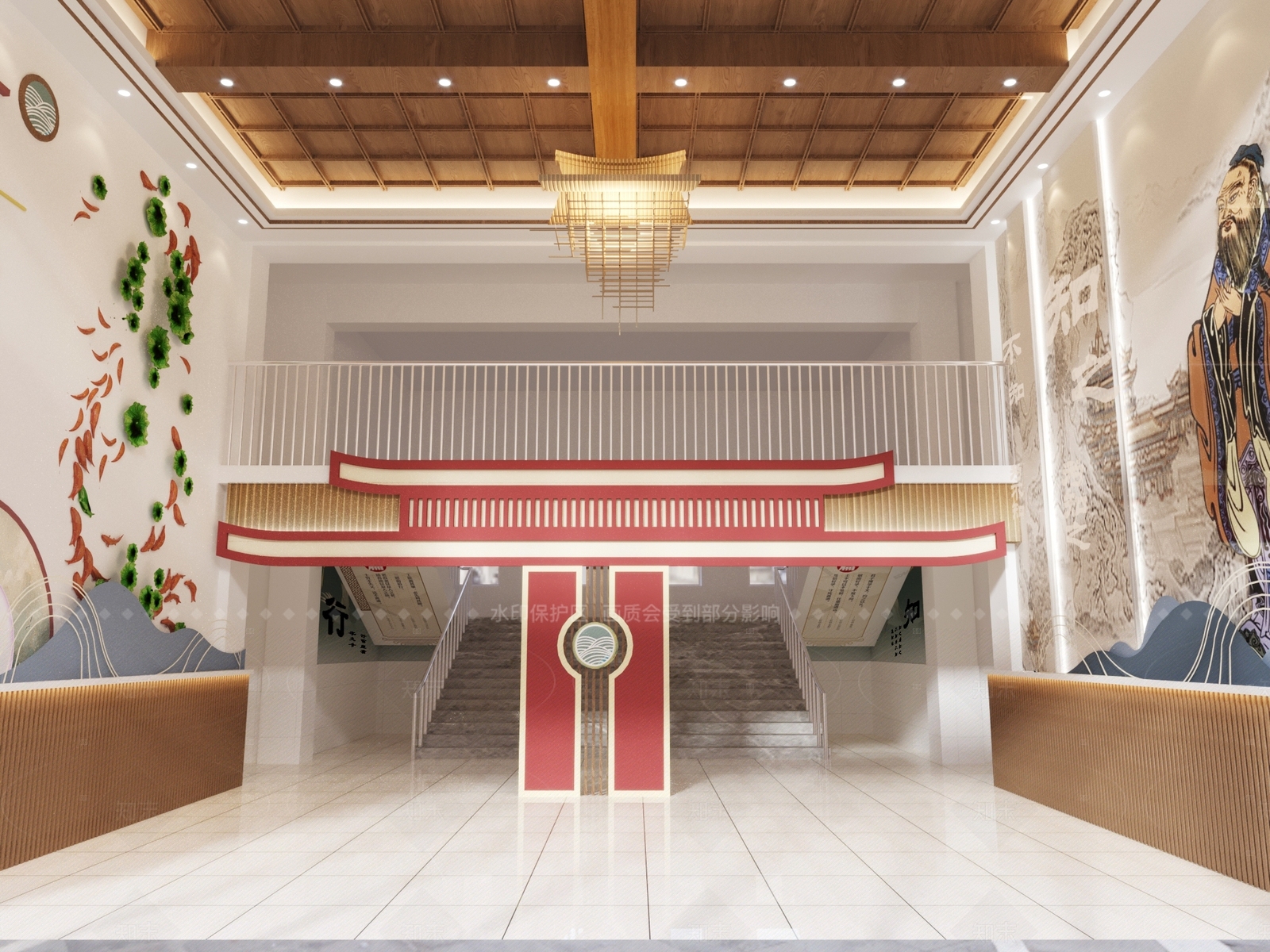 学校教学楼入口大厅新中式鲤鱼跃龙门工装3D模型下载【ID:1157820534】