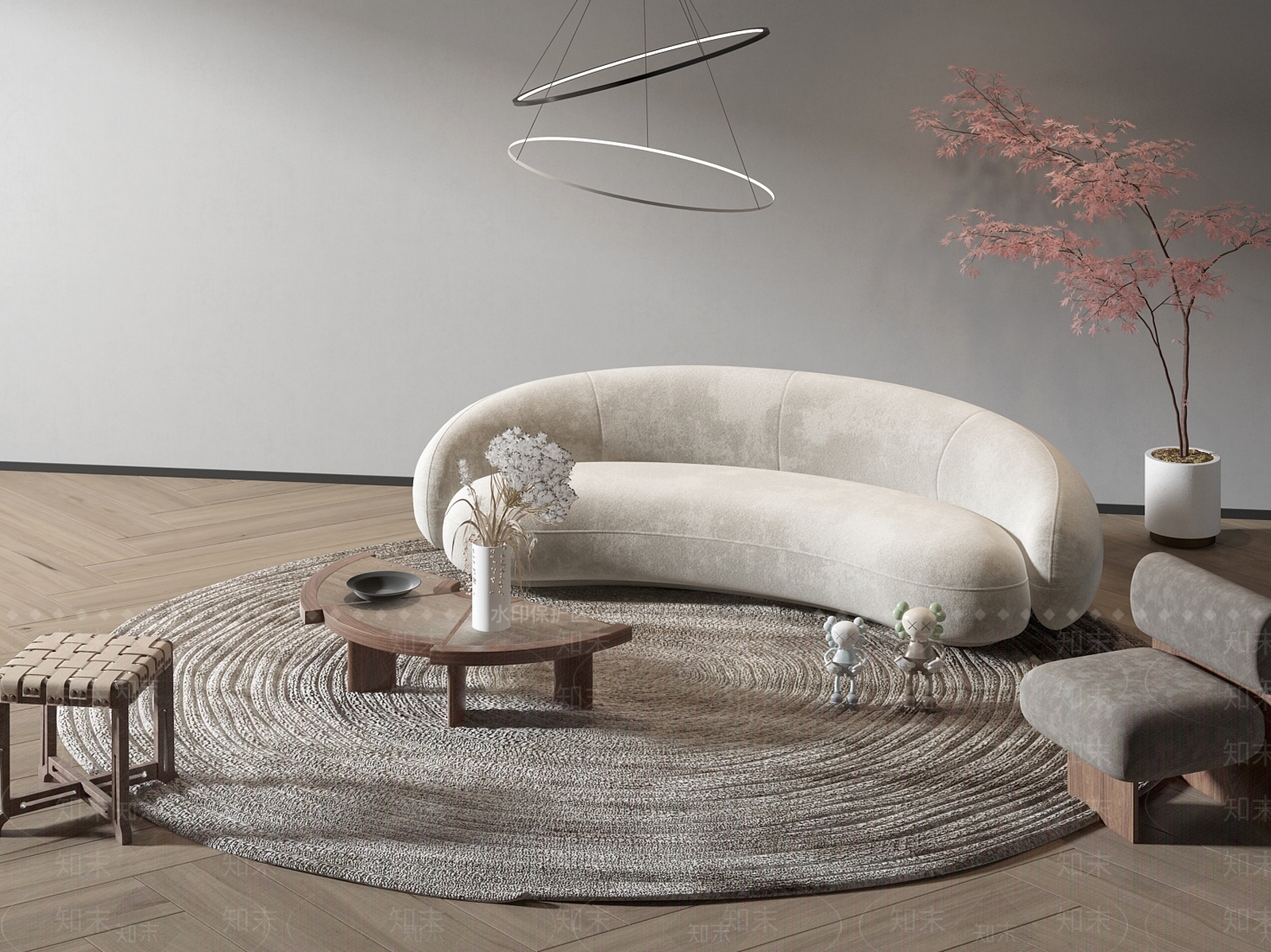 侘寂风沙发茶几休闲椅地毯组合3D模型下载【ID:1157821098】