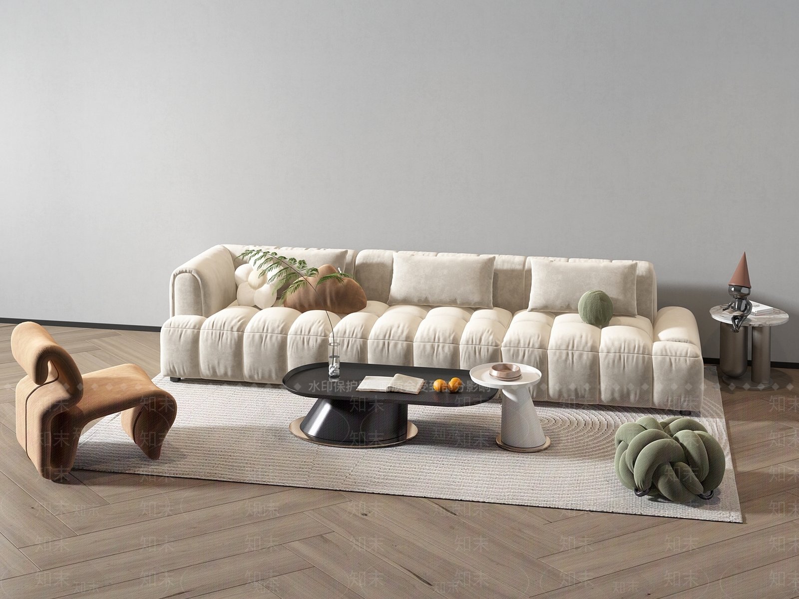 现代奶油风沙发茶几休闲椅地毯组合3D模型下载【ID:1157821026】