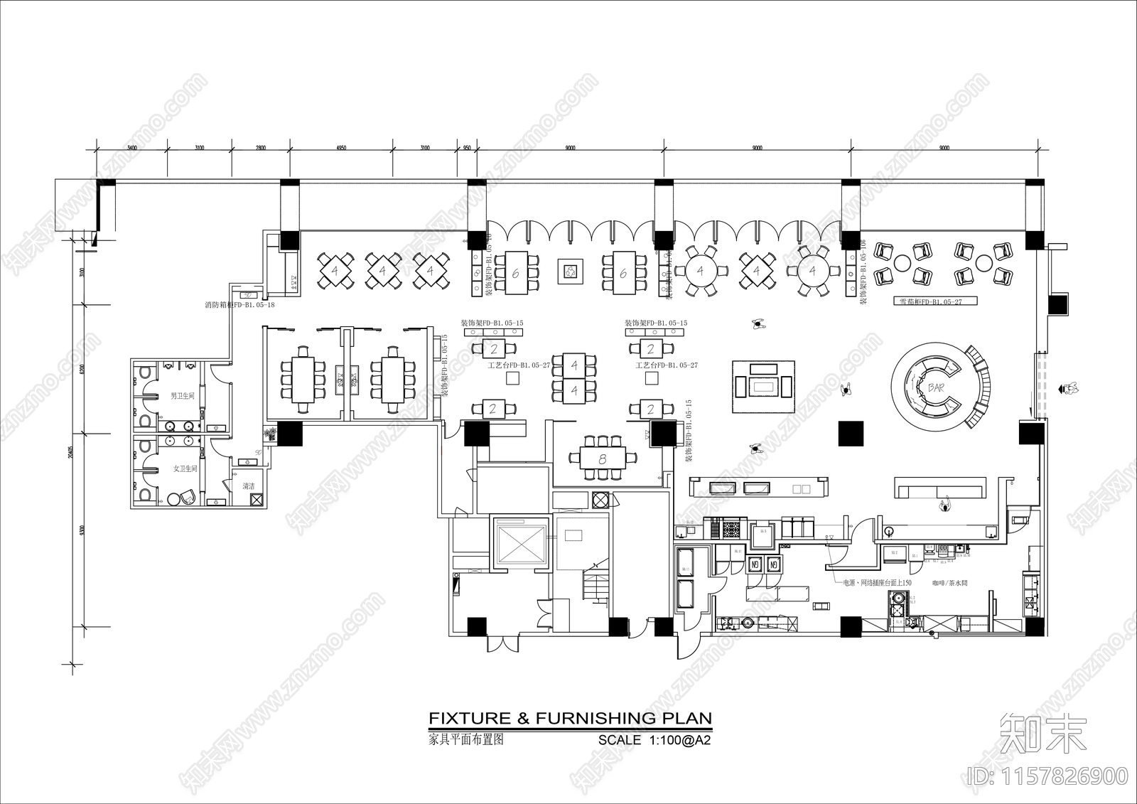 800㎡港式餐厅平面布置图cad施工图下载【ID:1157826900】