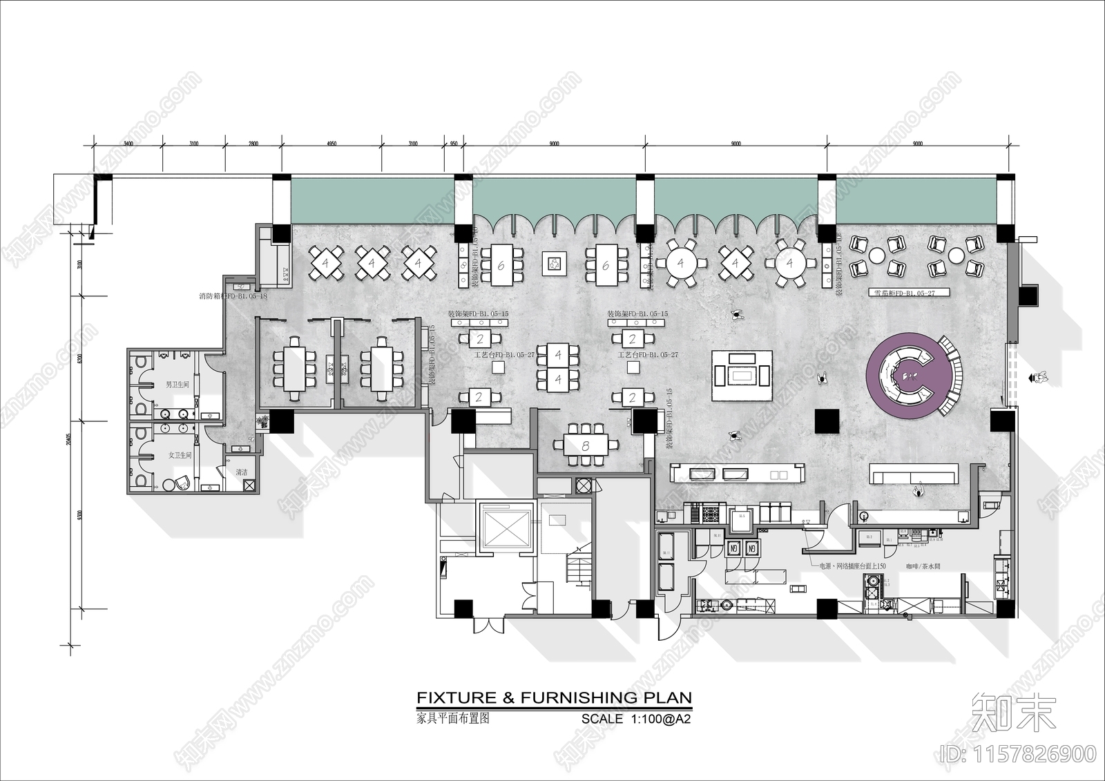 800㎡港式餐厅平面布置图cad施工图下载【ID:1157826900】