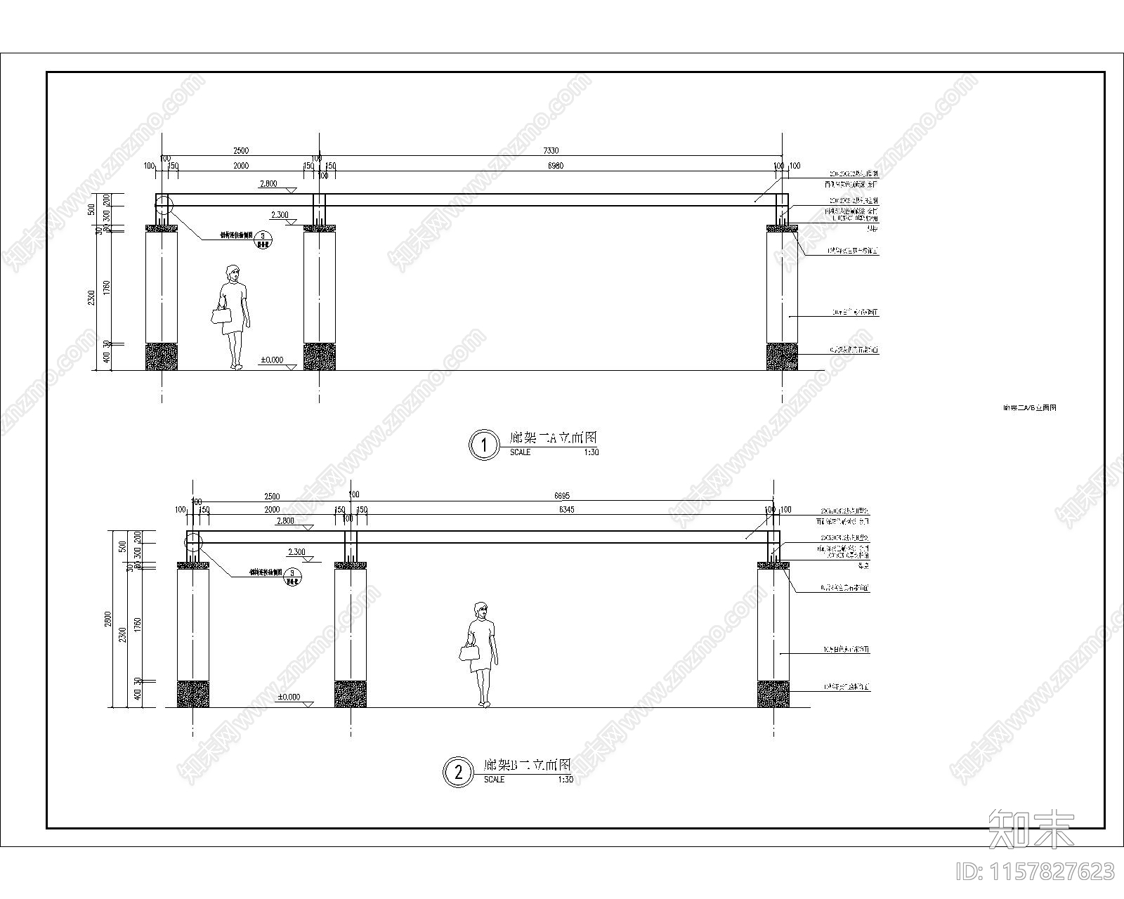 景观格栅廊架cad施工图下载【ID:1157827623】