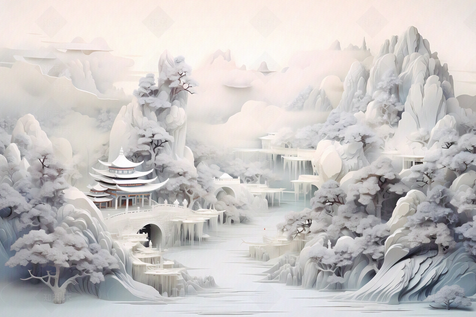 大美国风3D立体纸雕艺术山水风景画中国风壁画贴图下载【ID:1157833111】