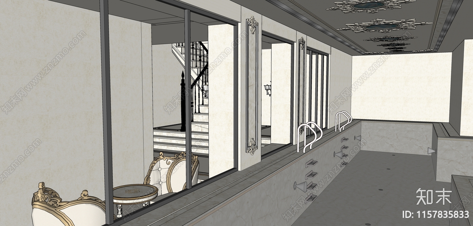 欧式轻奢别墅泳池SU模型下载【ID:1157835833】