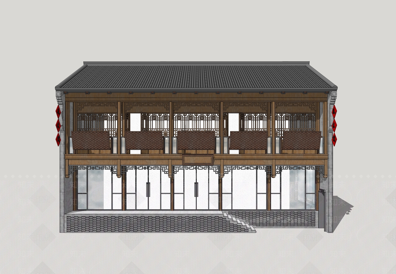 新中式餐饮建筑SU模型下载【ID:1157838130】