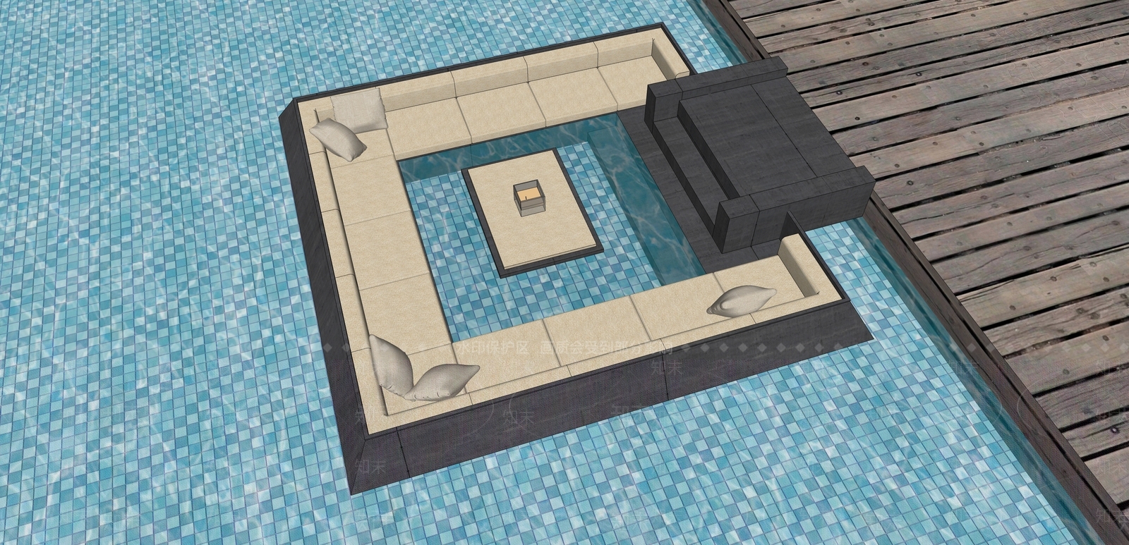 现代泳池下沉水吧水上下沉休憩平台SU模型下载【ID:1157843676】