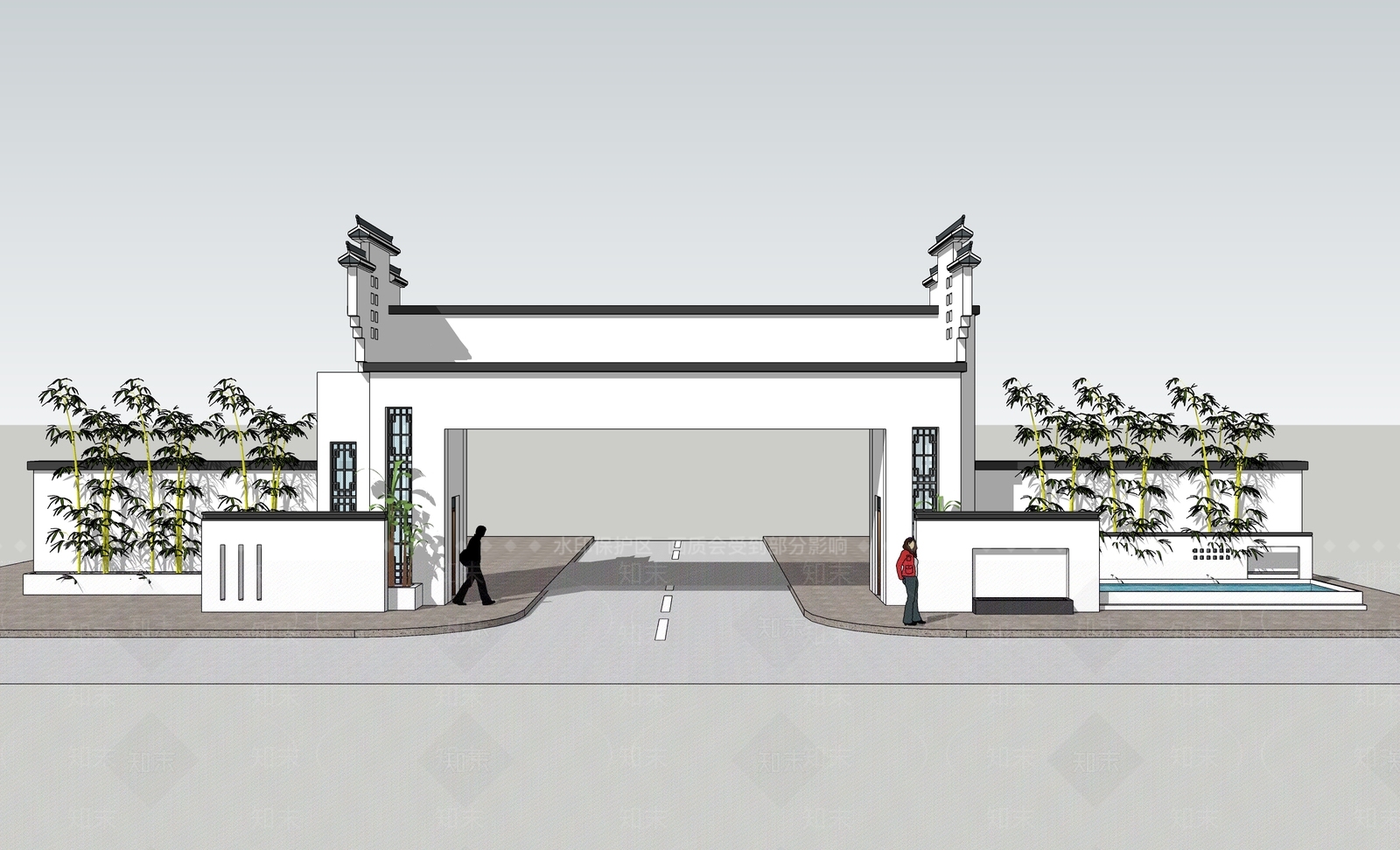 新中式马头墙入口大门SU模型下载【ID:1157845414】