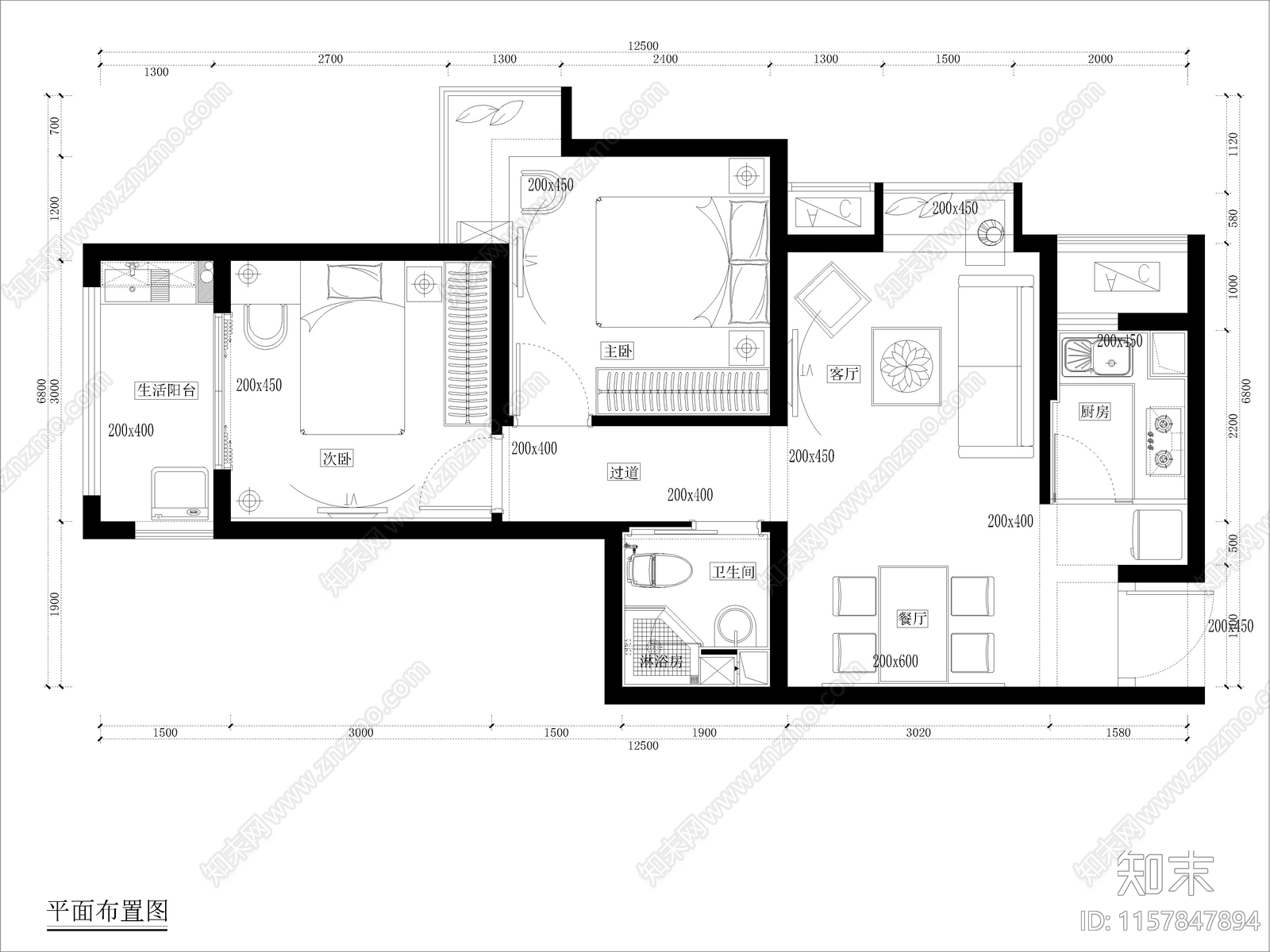 现代家装平层样板间全cad施工图下载【ID:1157847894】