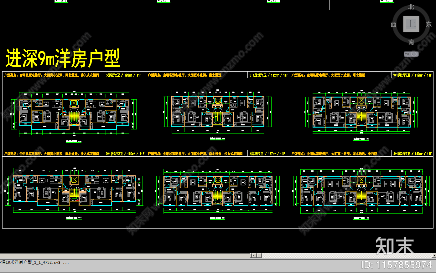 大面宽小进深9米户型cad施工图下载【ID:1157855974】