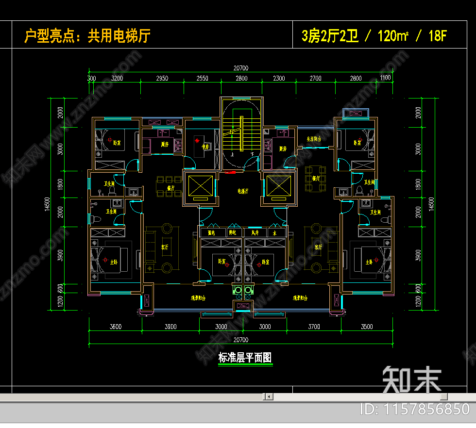 18F各种2T2核心筒户型cad施工图下载【ID:1157856850】