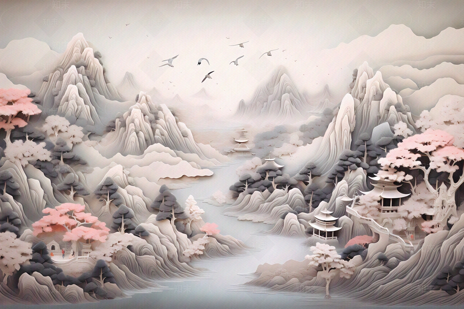 大美国风3D立体纸雕艺术山水风景画中国风壁画贴图下载【ID:1157869403】