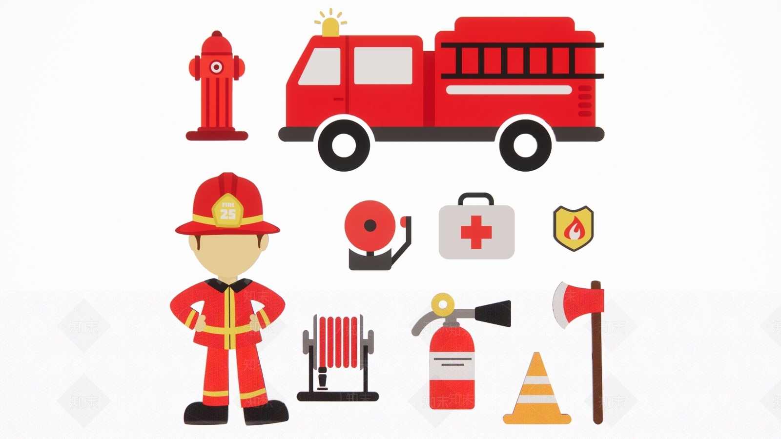 2D现代消防队员设备消防车灭火器救火救援场景剪影3D模型下载【ID:1157870118】