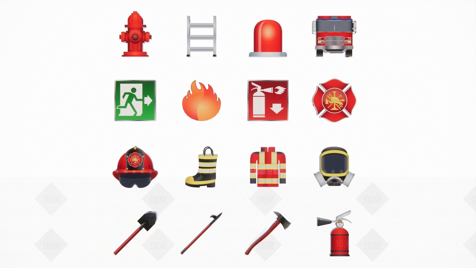 2D现代消防队员设备消防车灭火器救火救援场景剪影3D模型下载【ID:1157870225】