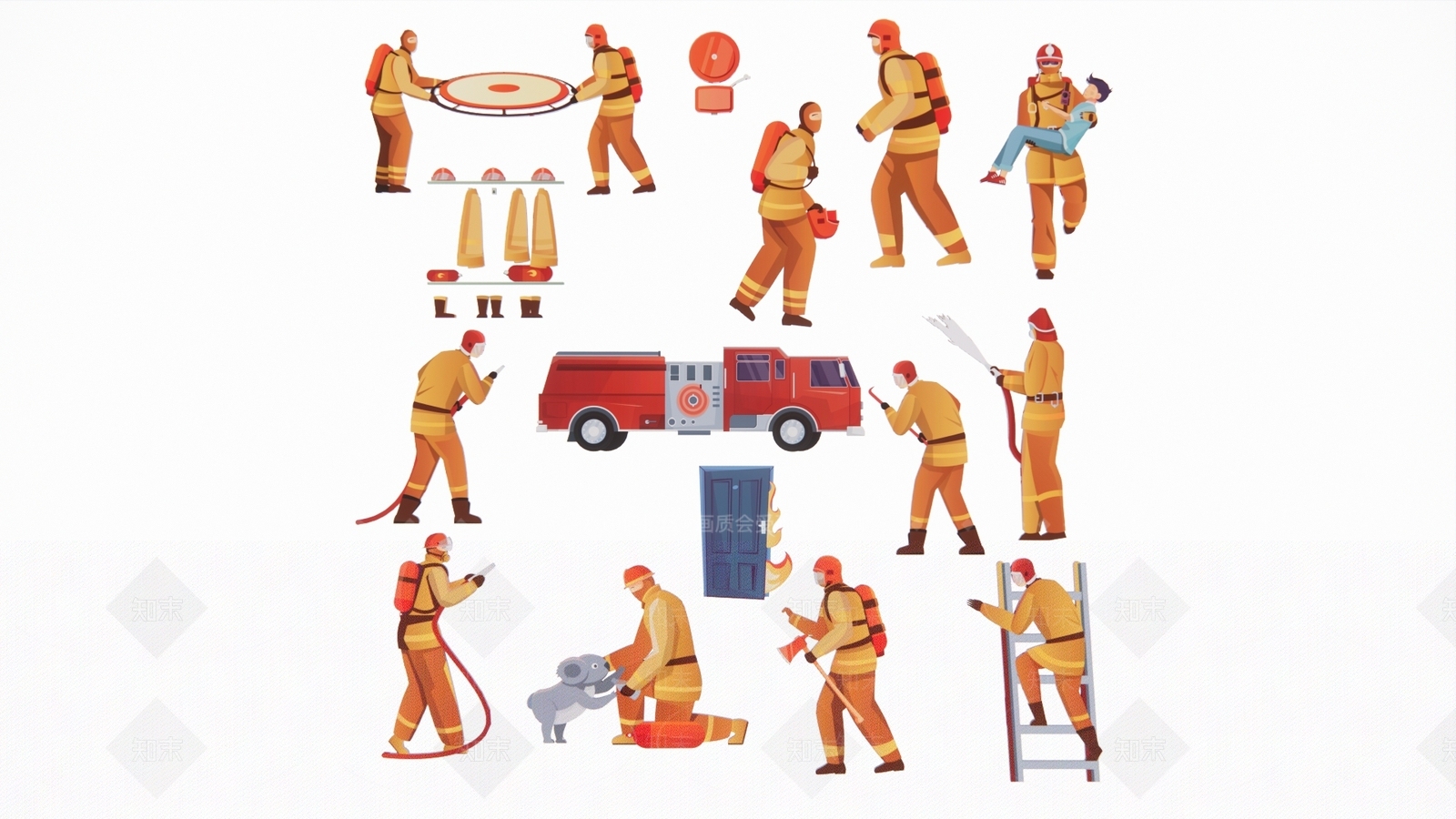 2D现代消防队员设备消防车灭火器救火救援场景剪影3D模型下载【ID:1157870277】