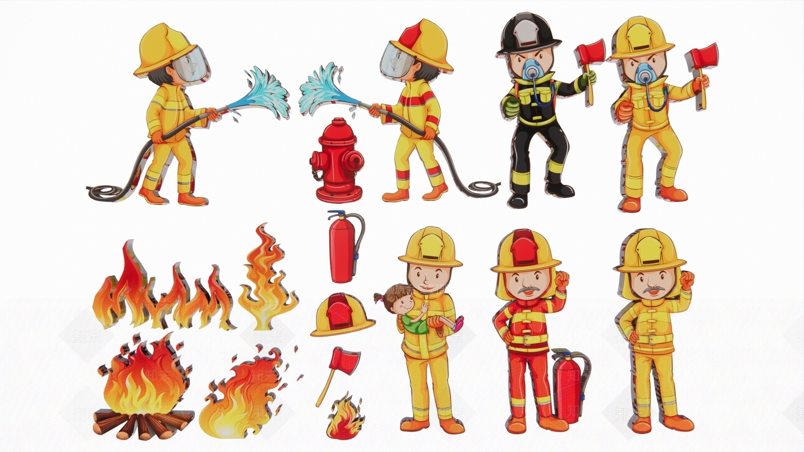 2D现代消防队员设备消防车灭火器救火救援场景剪影3D模型下载【ID:1157870374】