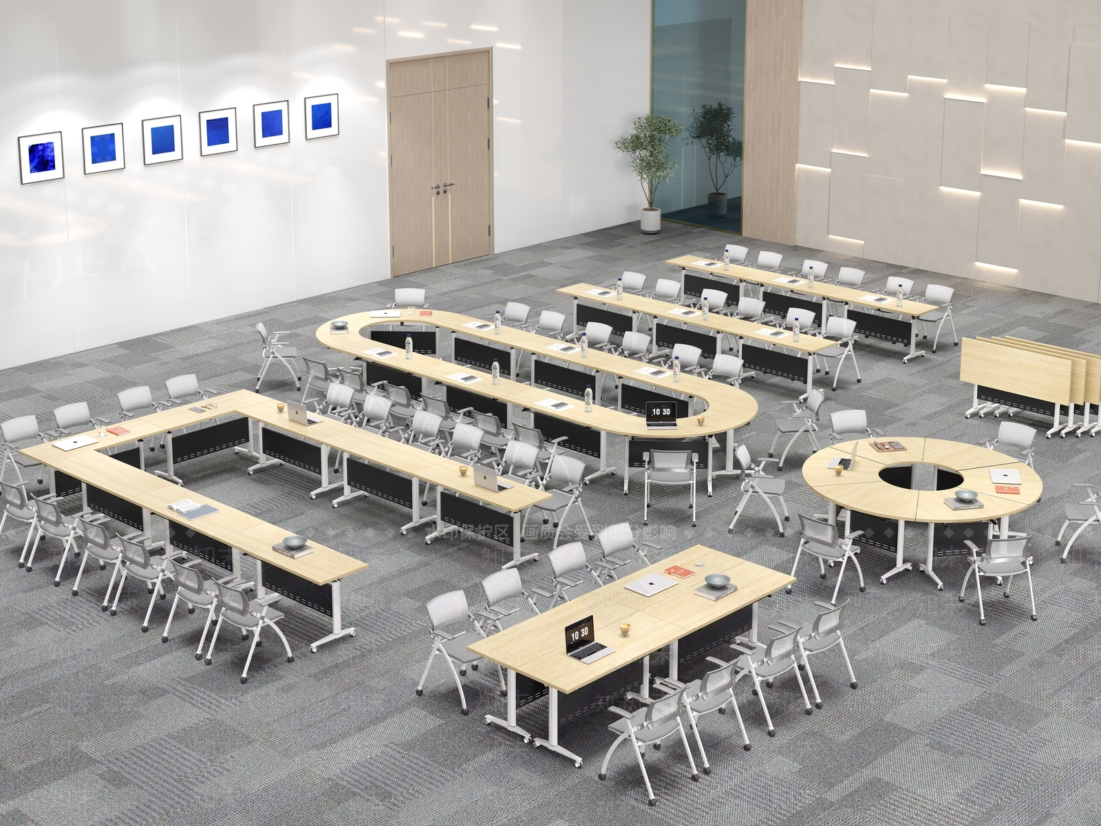 现代多功能会议室盆栽培训桌椅屏幕外景地毯饰品背景墙高端办公室3D模型下载【ID:1157875394】