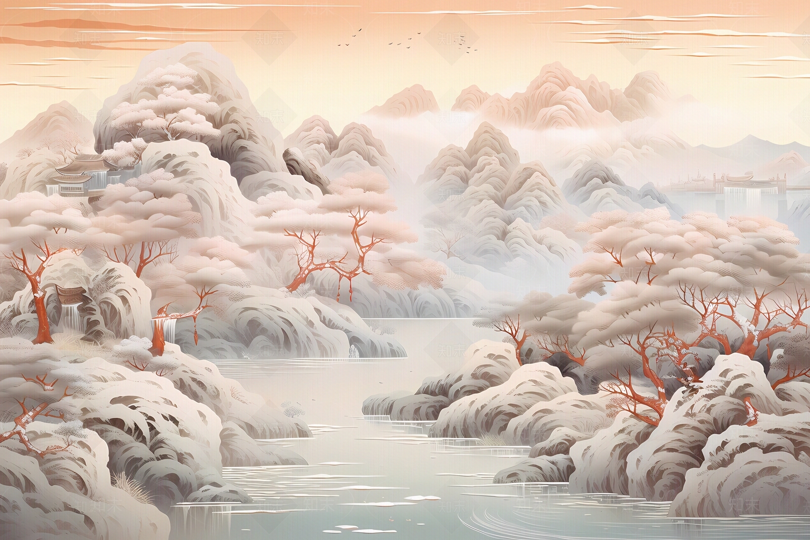 大美国风3D立体纸雕艺术山水风景画中国风壁画贴图下载【ID:1157879957】