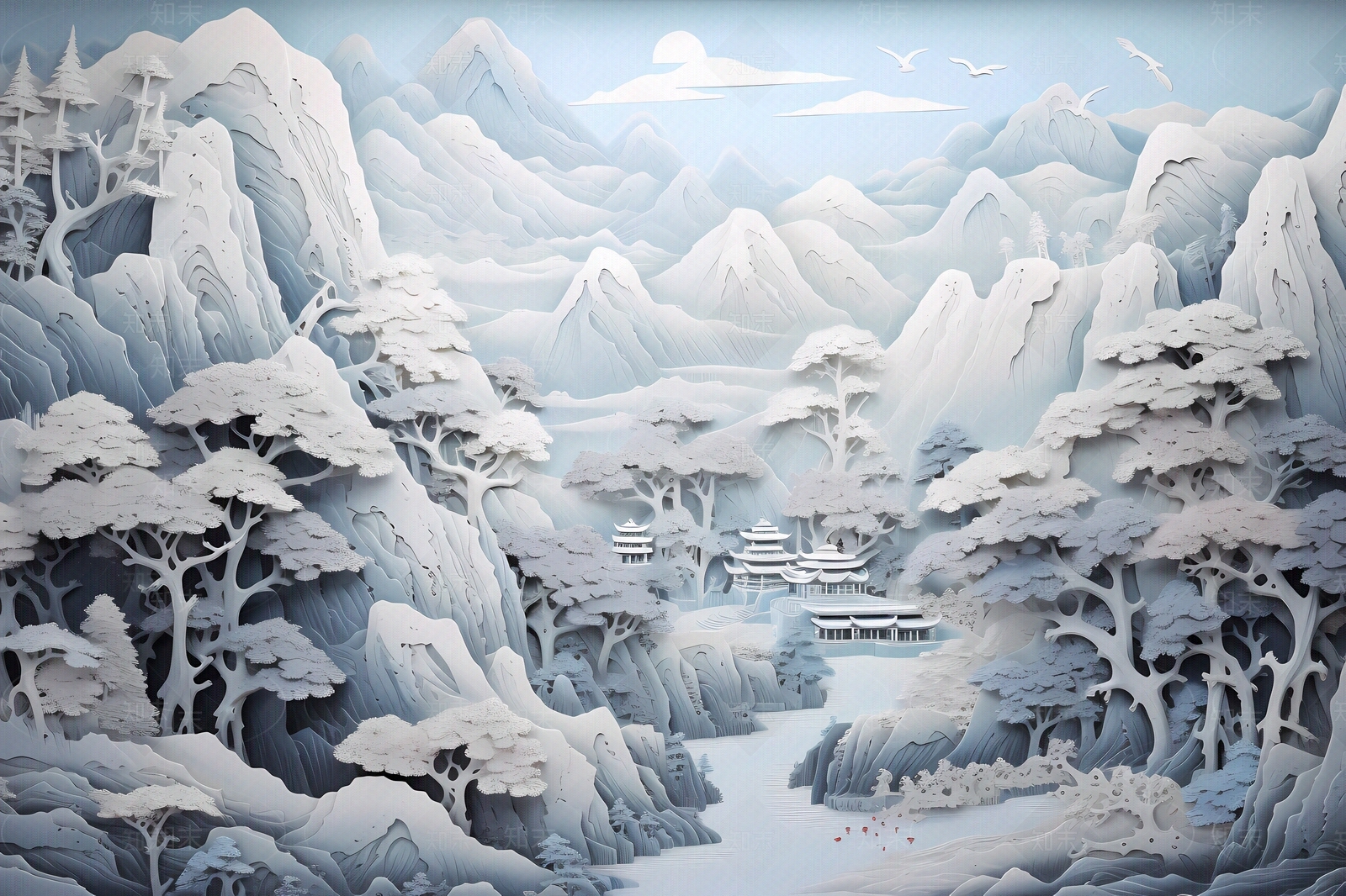 大美国风3D立体纸雕艺术山水风景画中国风壁画贴图下载【ID:1157880022】