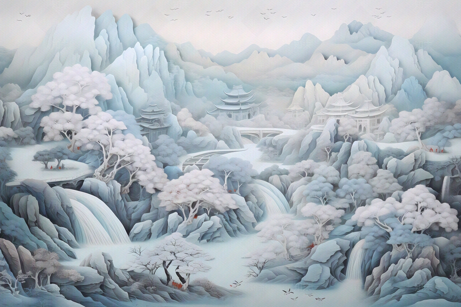 大美国风3D立体纸雕艺术山水风景画中国风壁画贴图下载【ID:1157880077】