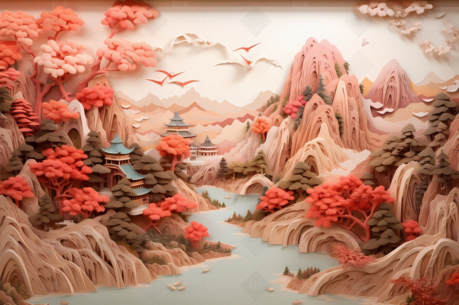 大美国风3D立体纸雕艺术山水风景画中国风壁画贴图下载【ID:1157880164】