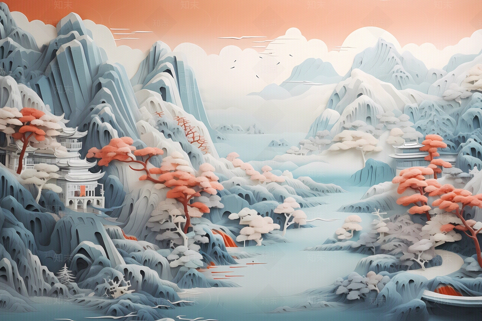 大美国风3D立体纸雕艺术山水风景画中国风壁画贴图下载【ID:1157880294】