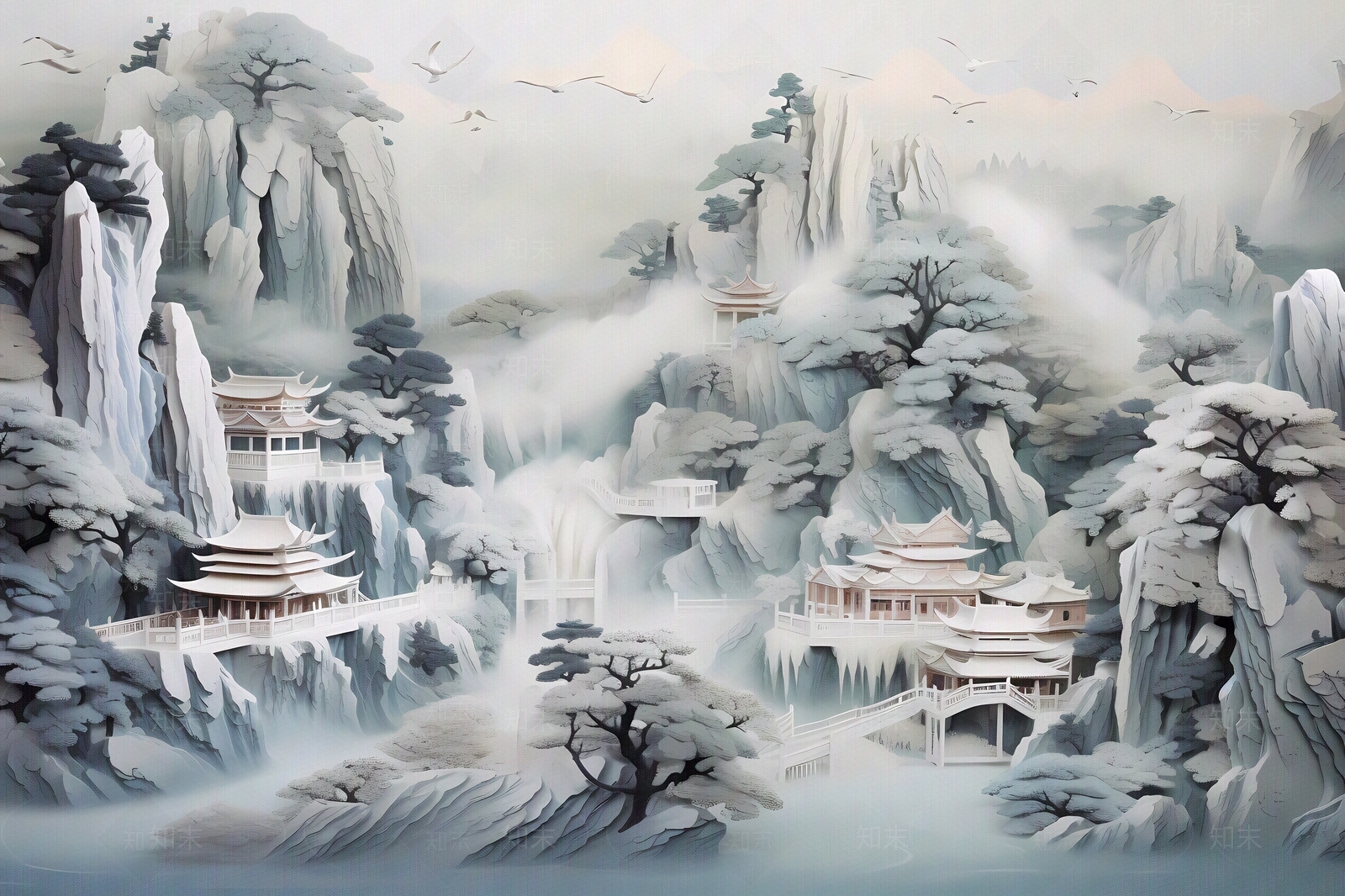 大美国风3D立体纸雕艺术山水风景画中国风壁画贴图下载【ID:1157880384】