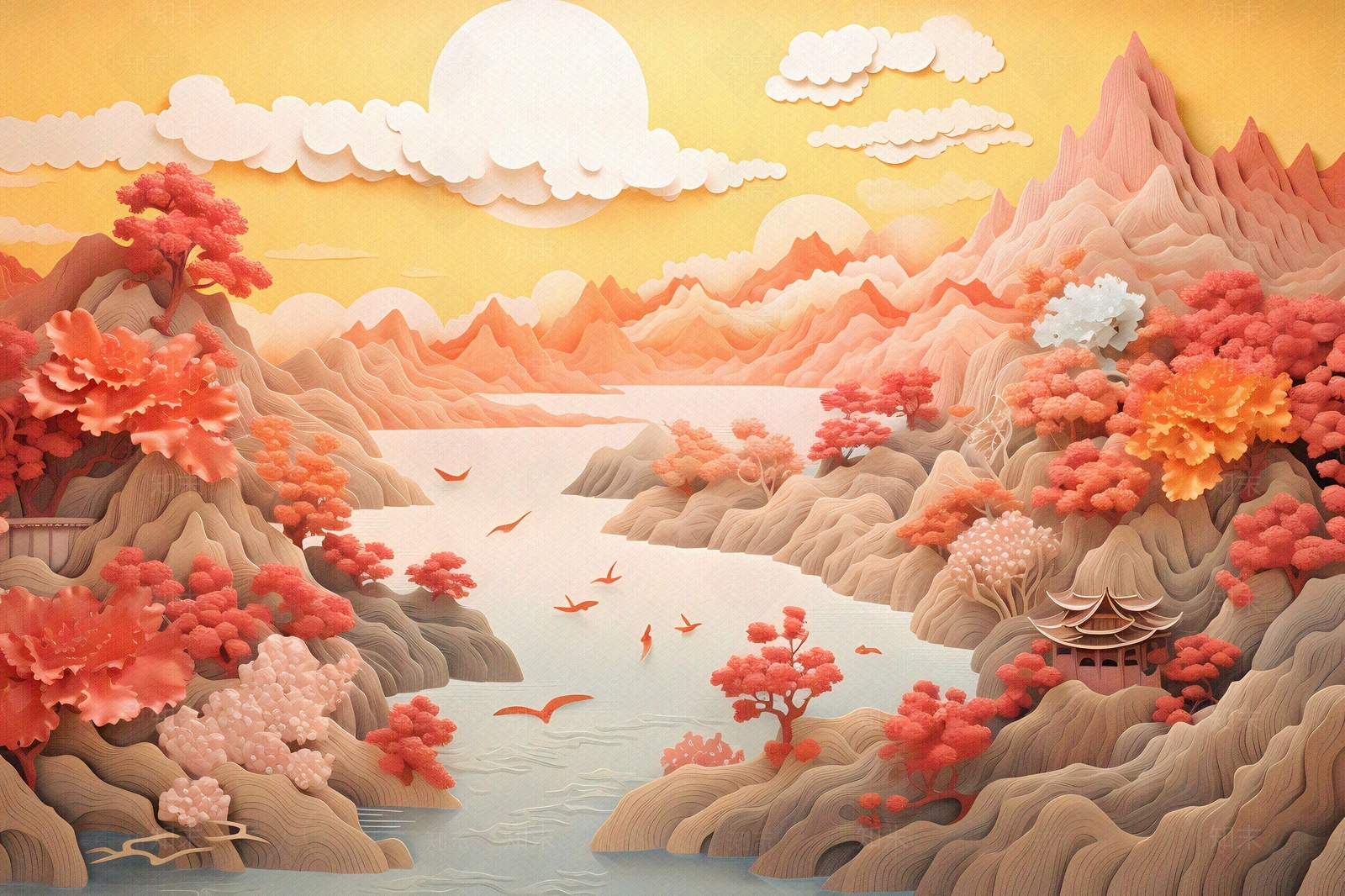 大美国风3D立体纸雕艺术山水风景画中国风壁画贴图下载【ID:1157880447】