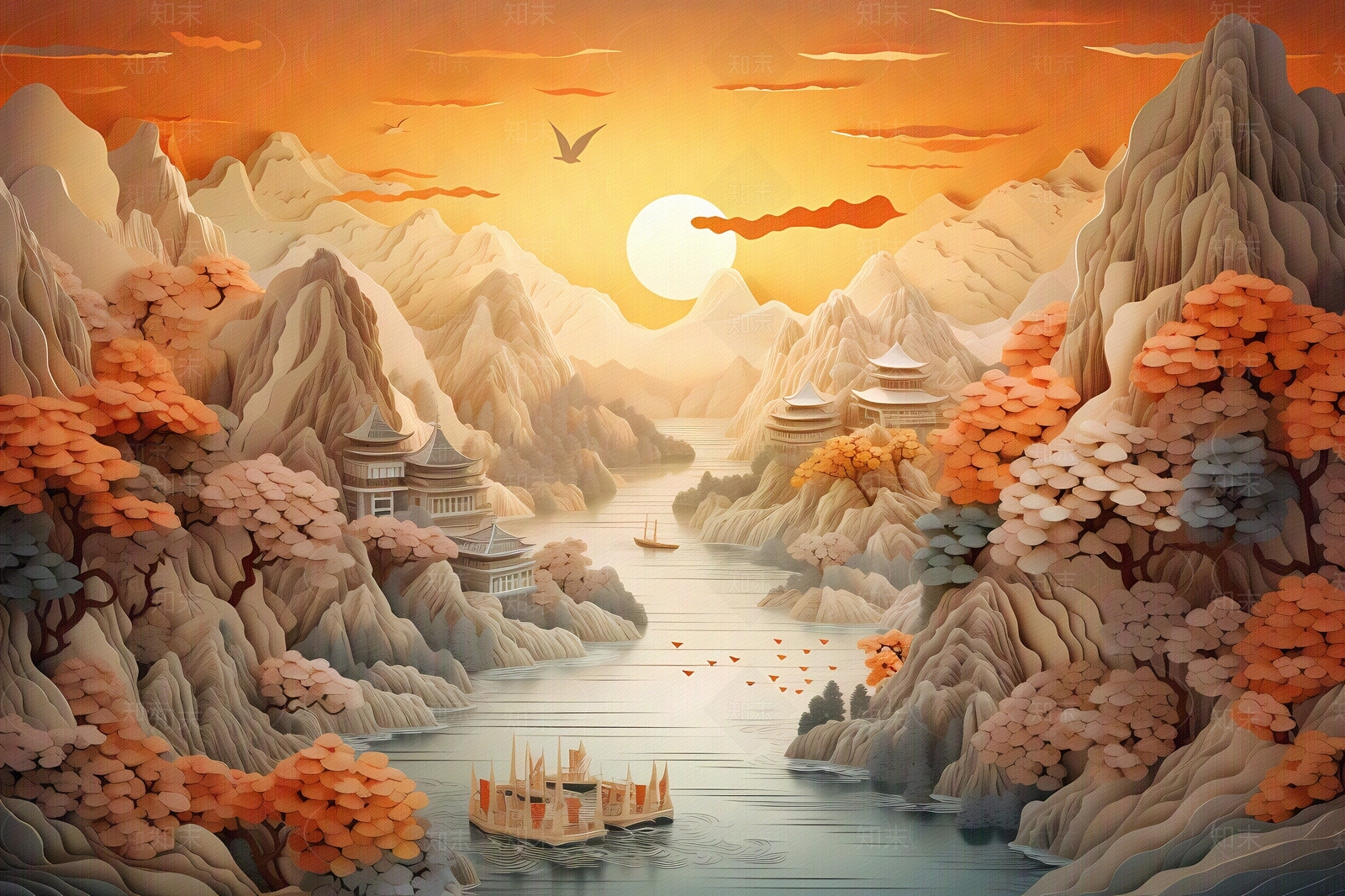 大美国风3D立体纸雕艺术山水风景画中国风壁画贴图下载【ID:1157880569】