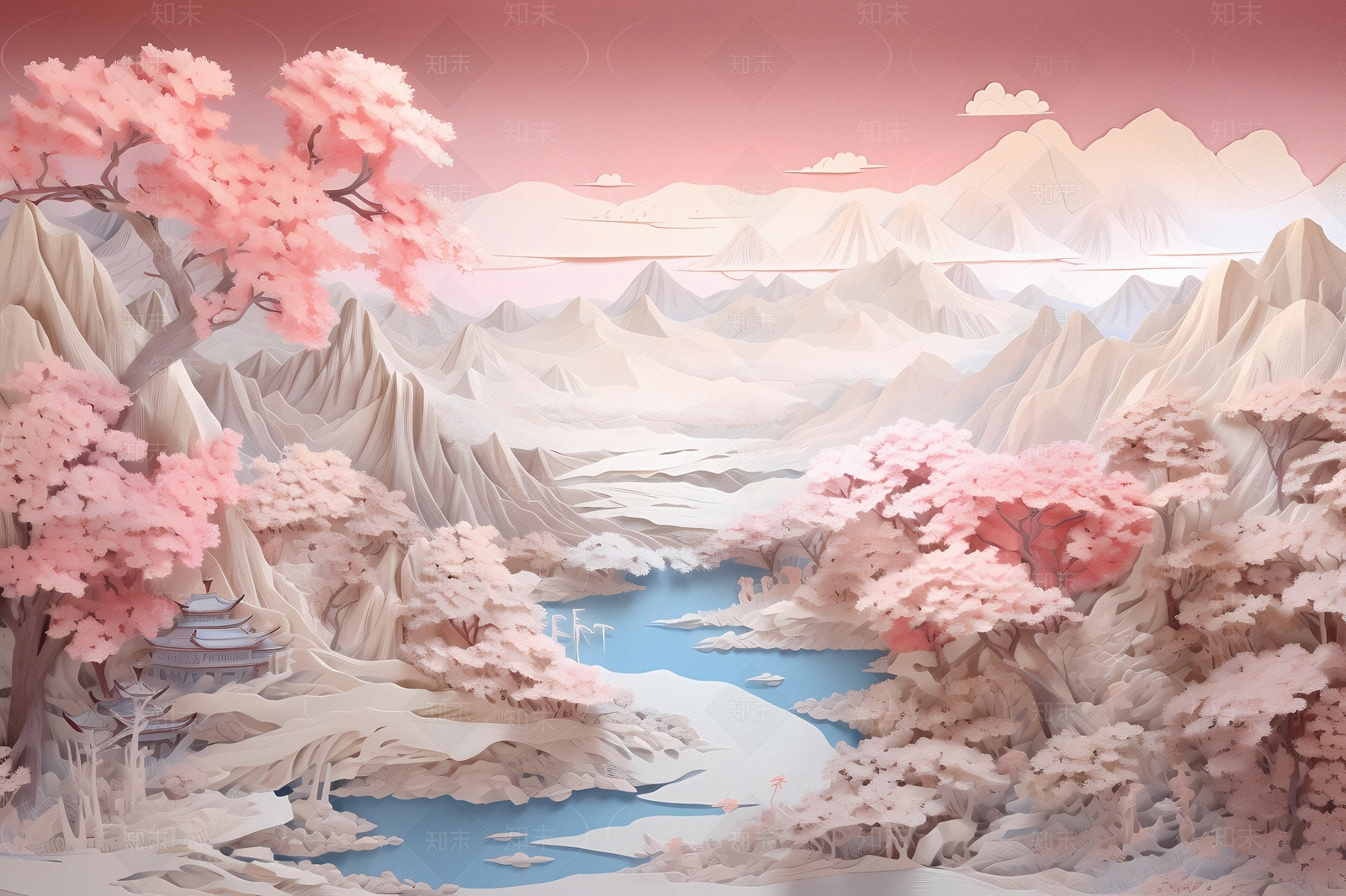 大美国风3D立体纸雕艺术山水风景画中国风壁画贴图下载【ID:1157880713】