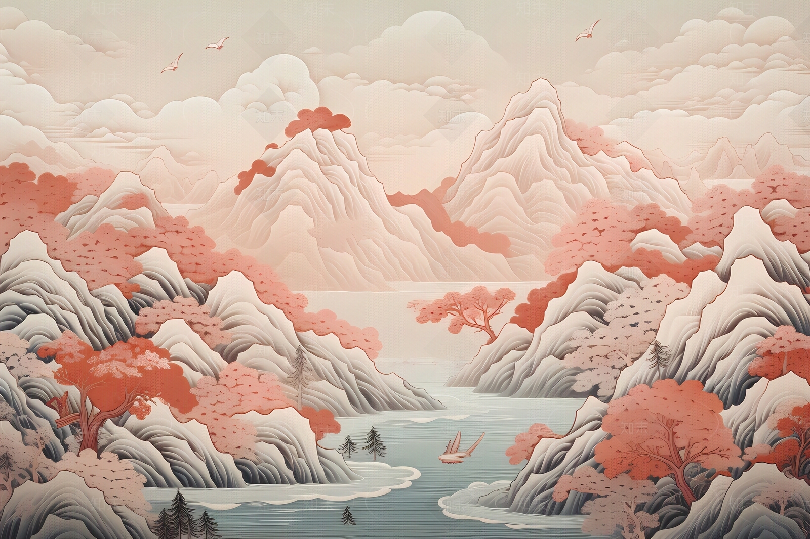 大美国风3D立体纸雕艺术山水风景画中国风壁画贴图下载【ID:1157880845】