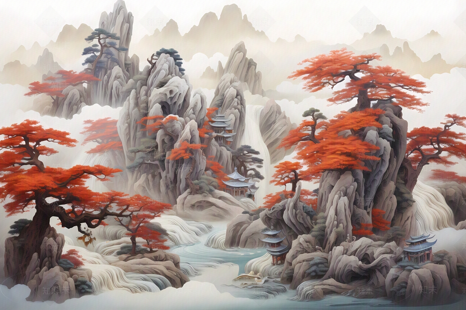 大美国风3D立体纸雕艺术山水风景画中国风壁画贴图下载【ID:1157881006】