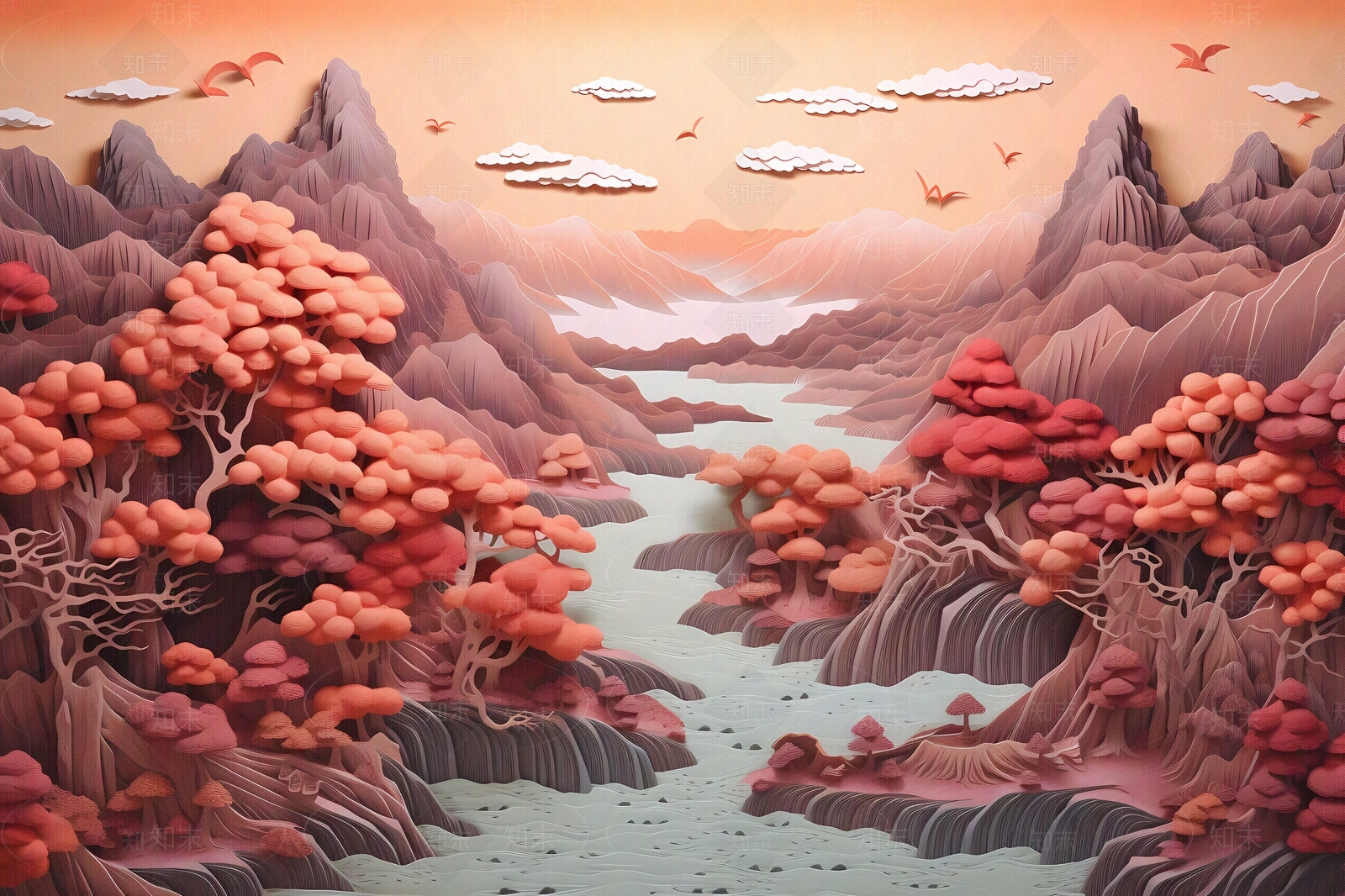 大美国风3D立体纸雕艺术山水风景画中国风壁画贴图下载【ID:1157881124】