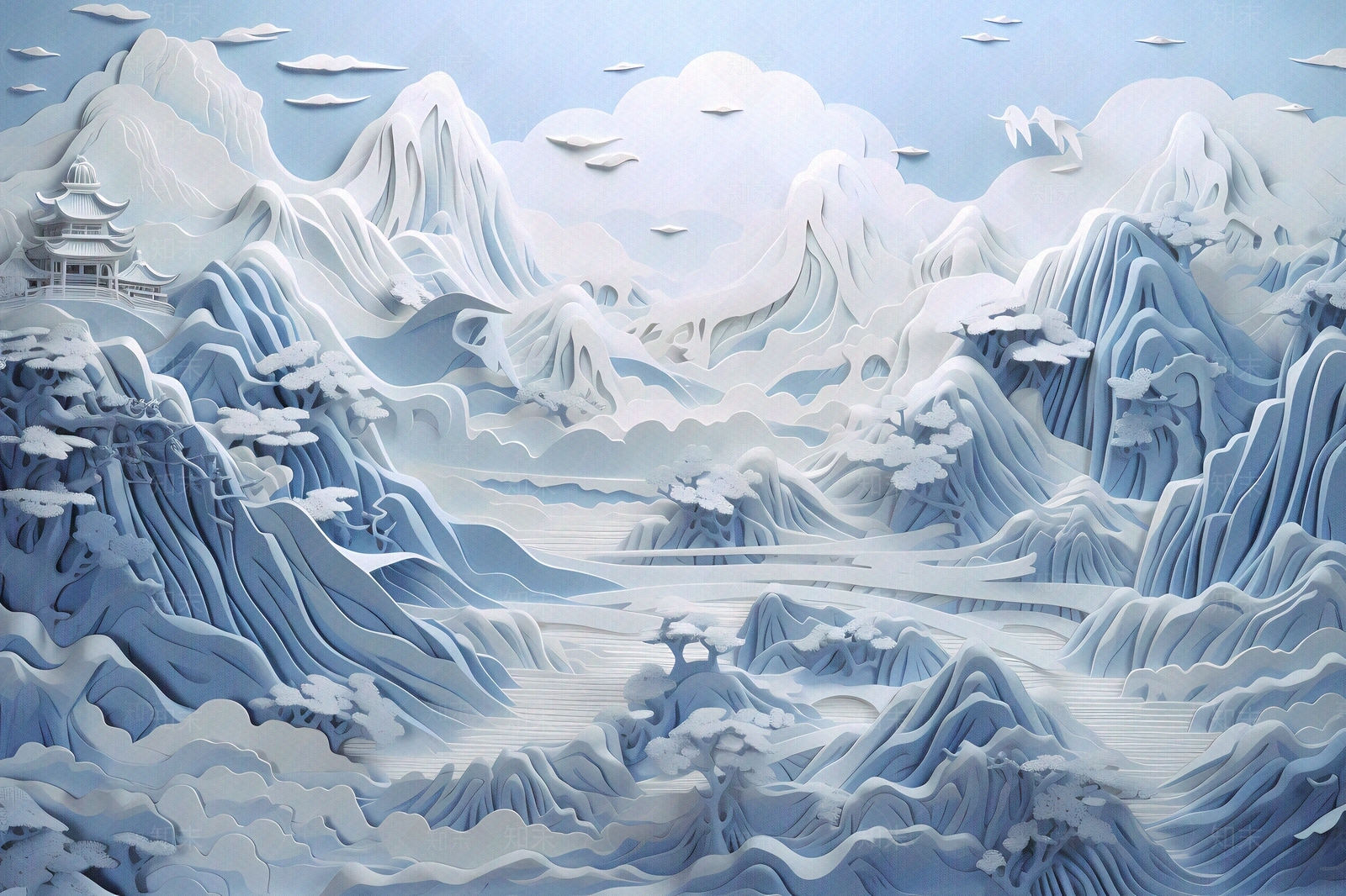 大美国风3D立体纸雕艺术山水风景画中国风壁画贴图下载【ID:1157881233】