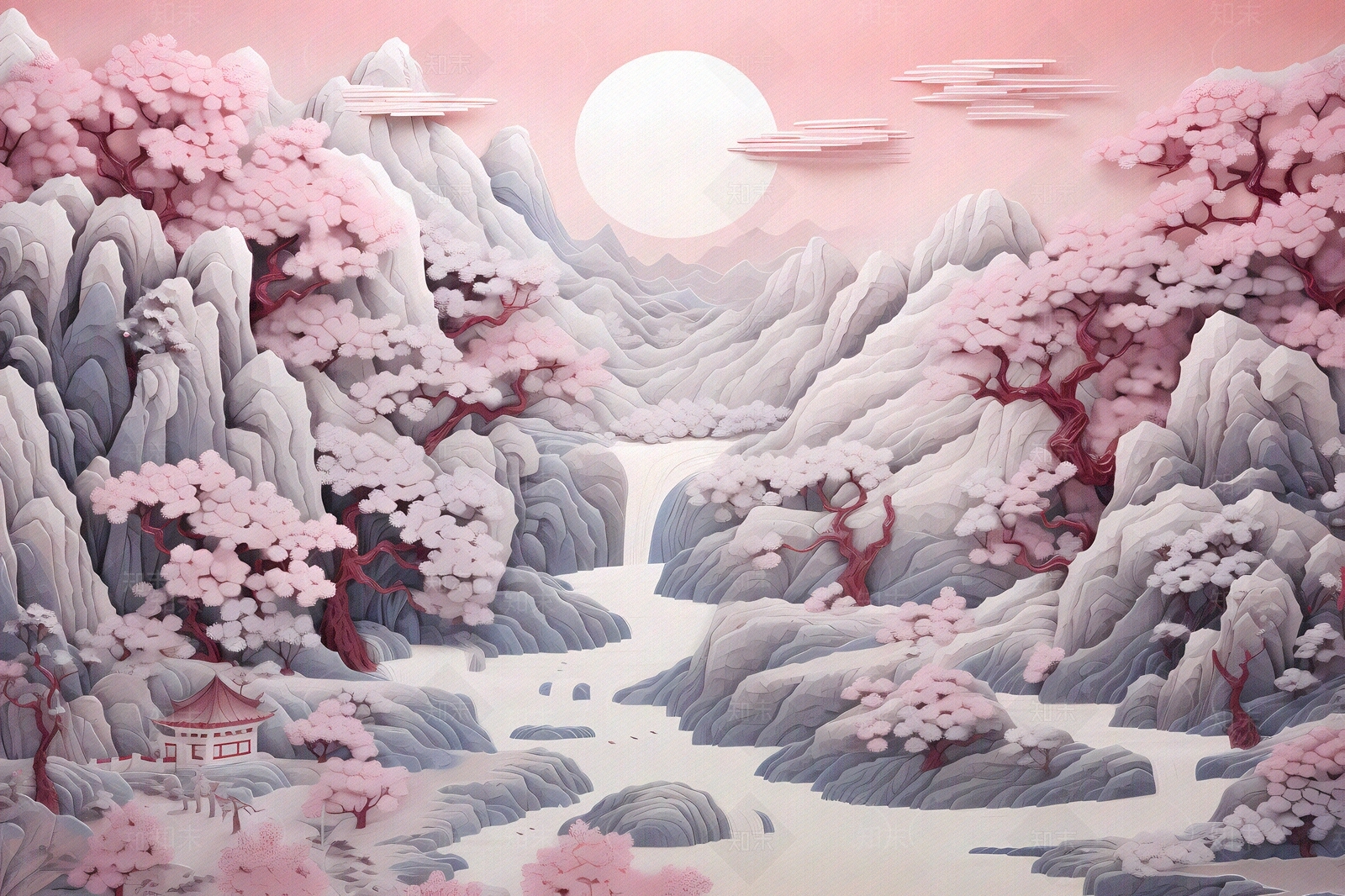 大美国风3D立体纸雕艺术山水风景画中国风壁画贴图下载【ID:1157881218】