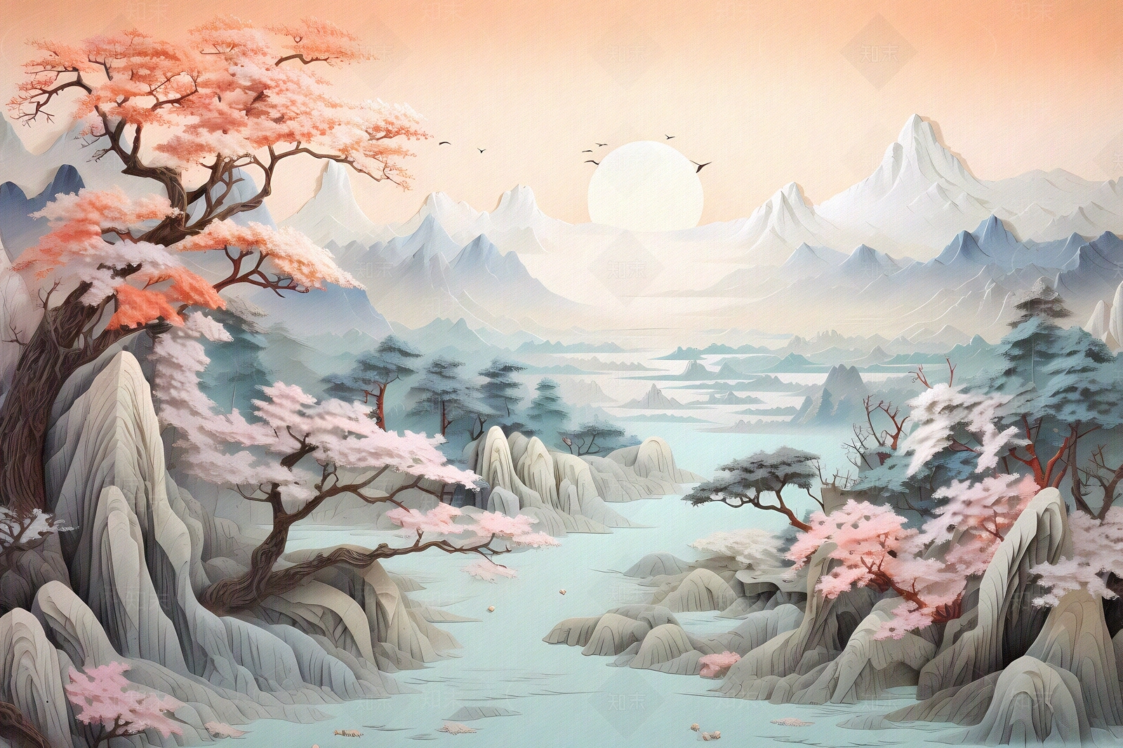 大美国风3D立体纸雕艺术山水风景画中国风壁画贴图下载【ID:1157881491】